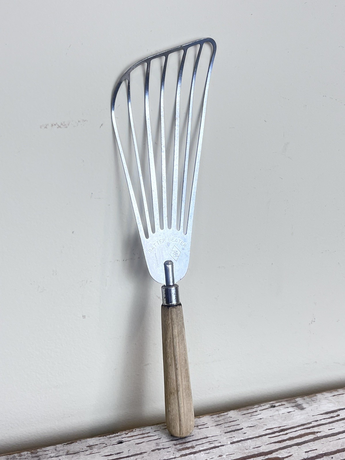 Vintage A&J Batter Beater Whisk Spatula Curved To Fit Bowl with Wood Handle