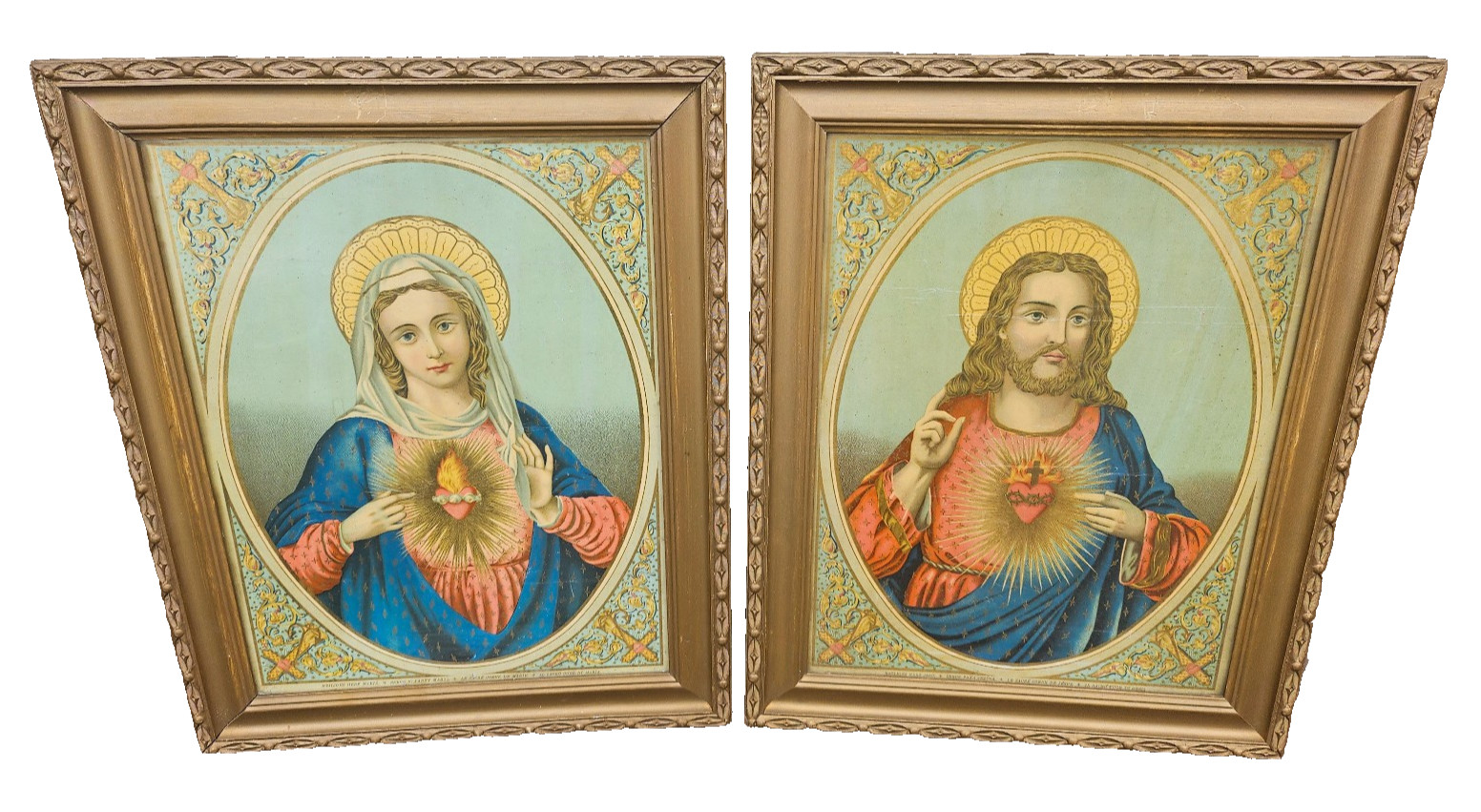 Antique pair 19thc litho Sacred heart mary JEsus portrait wall frames religious