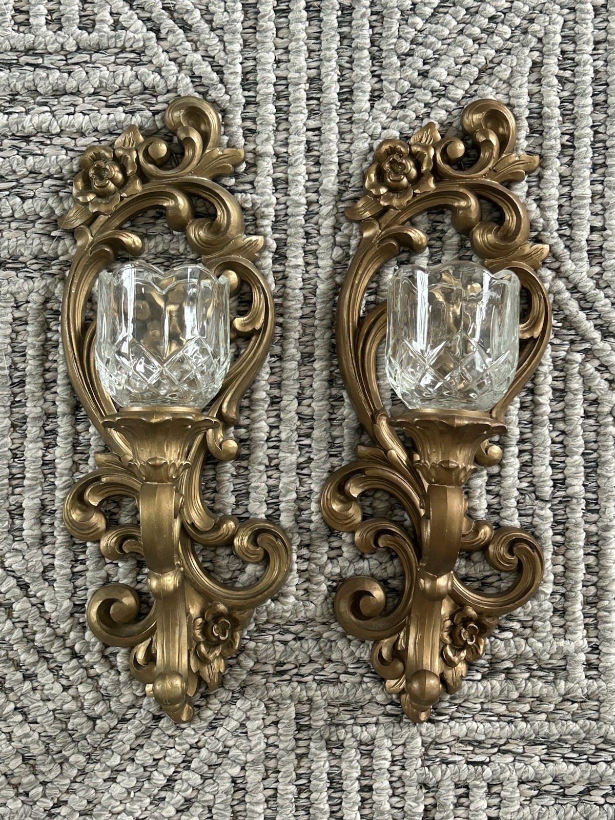 Set of 2 VTG 1971 HOMCO Wall Candle Sconces Hollywood Regency Gold Ornate #4118 Set of 2 VTG 1971 HOMCO Wall Candle Sconces Hollywood Regency Gold Ornate #4118
