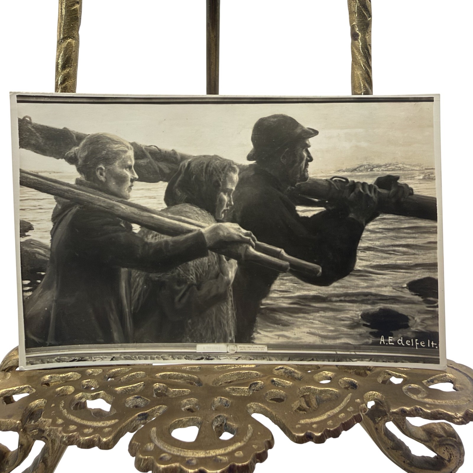 Vintage A Edelfelt Fisher Rowboat Sea B&W White Border Litho Postcard 3.5x5.5