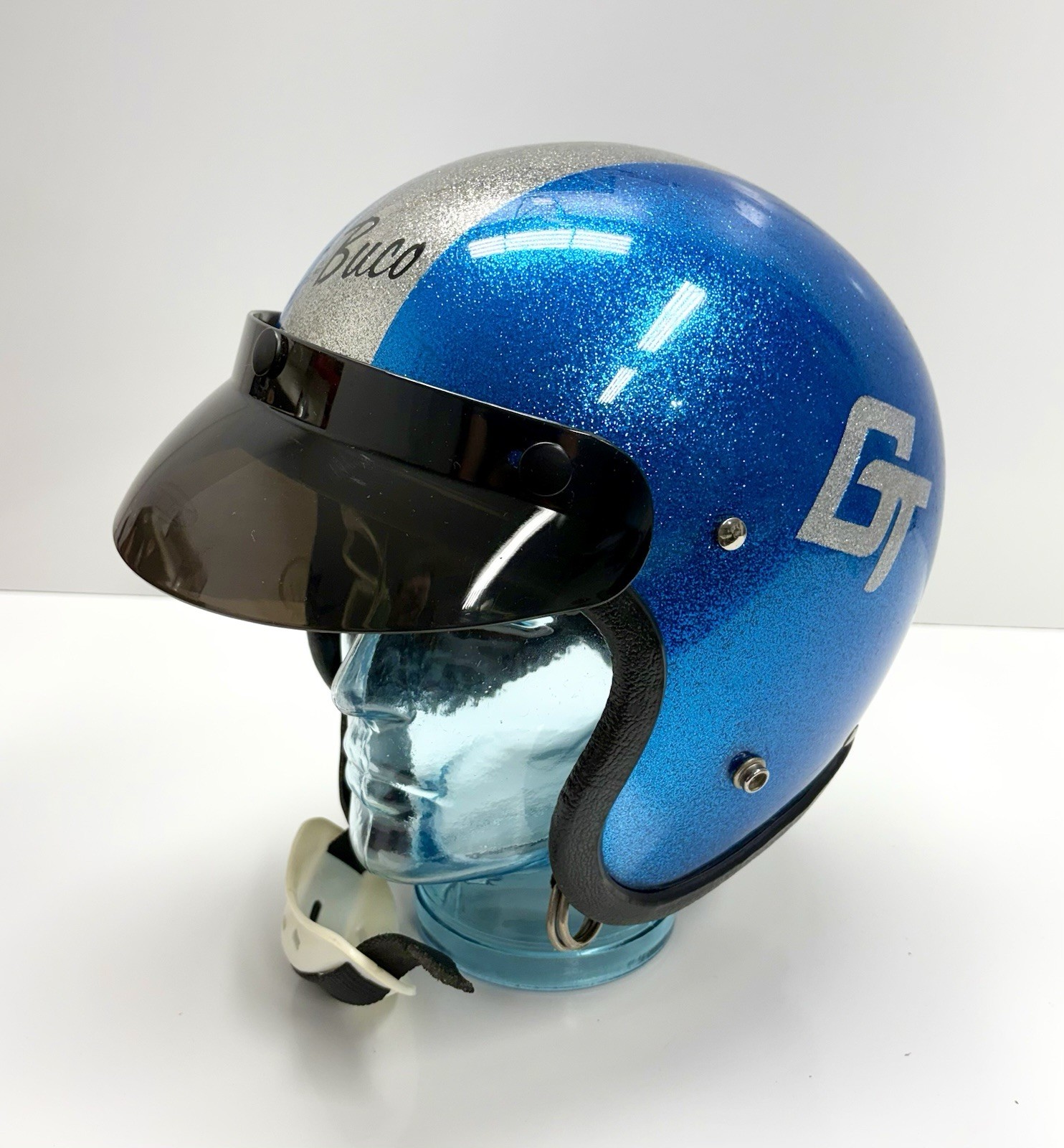 Vintage Original BUCO GT Blue & Silver Metalflake Glitter Helmet 1960s 1970s Vtg