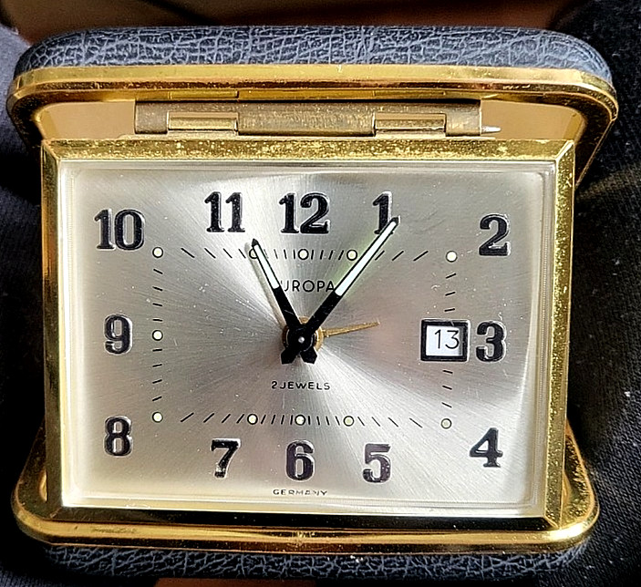Vintage Europa Travel Alarm Clock – FOLDING 2 Jewels – w DATE indicator Germany