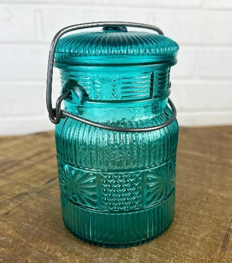 Vintage 1970s Avon Country Peaches Teal Green Glass Jar with Wire Bail Cottage