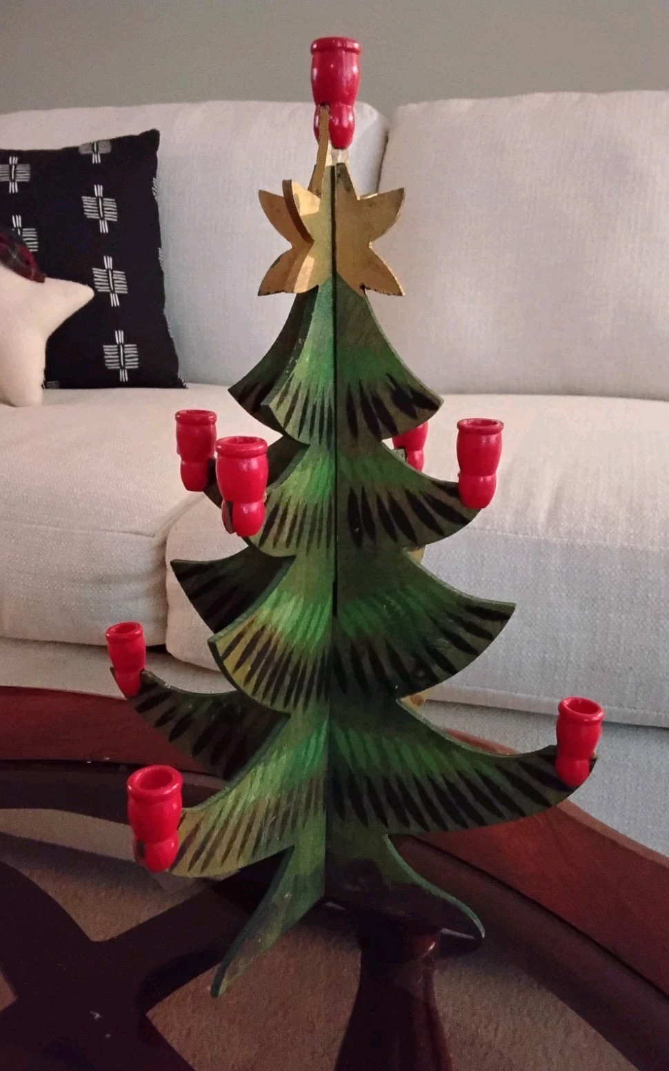 Vintage Swedish Wooden Christmas Tree Candle Holder Painted Folk Art 13”