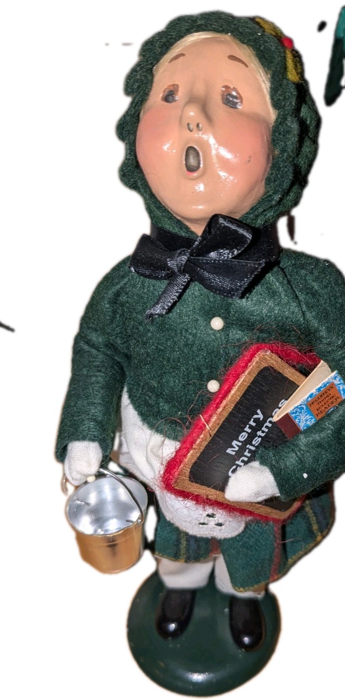 Vtg Byers Choice Carolers School Girl Lunch Pail Green Coat Books Chalkboard