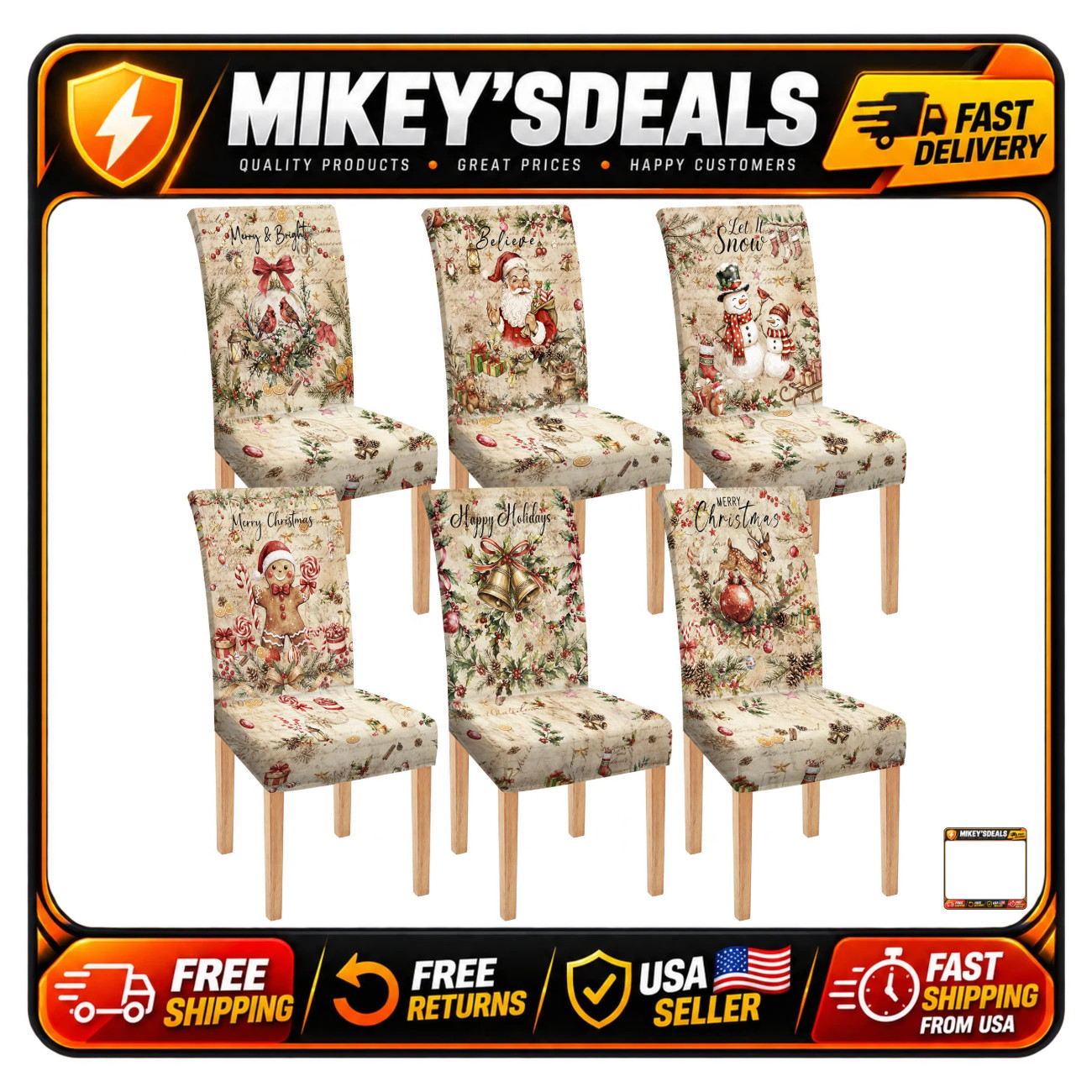 6 Pcs Vintage Christmas Chair Covers - Farmhouse Dining Slipcovers, Holiday Deco