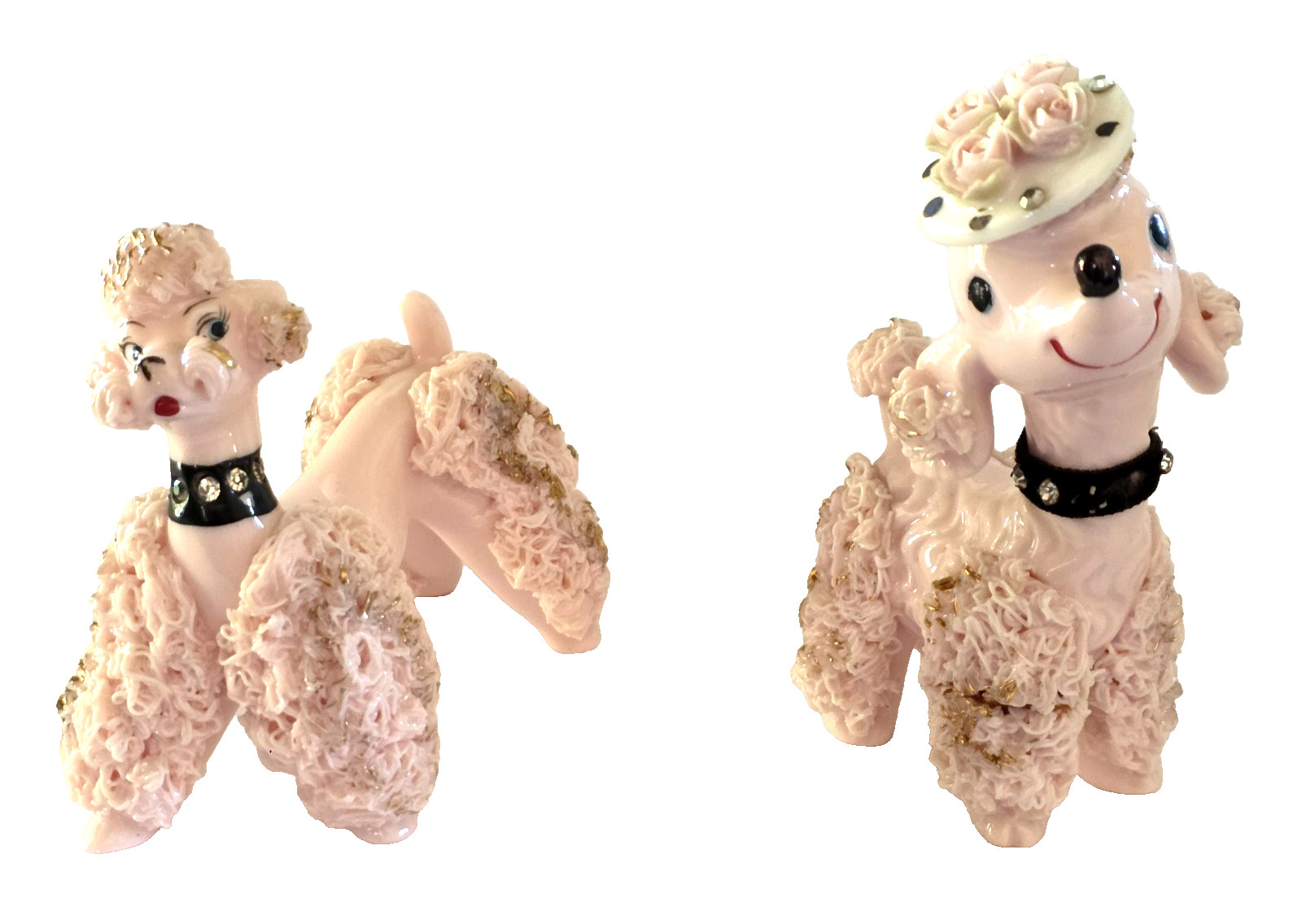 2 Vintage Pink Poodle Figurines Gold Accents Spaghetti w/ Rhinestone collars 2 Vintage Pink Poodle Figurines Gold Accents Spaghetti w/ Rhinestone collars