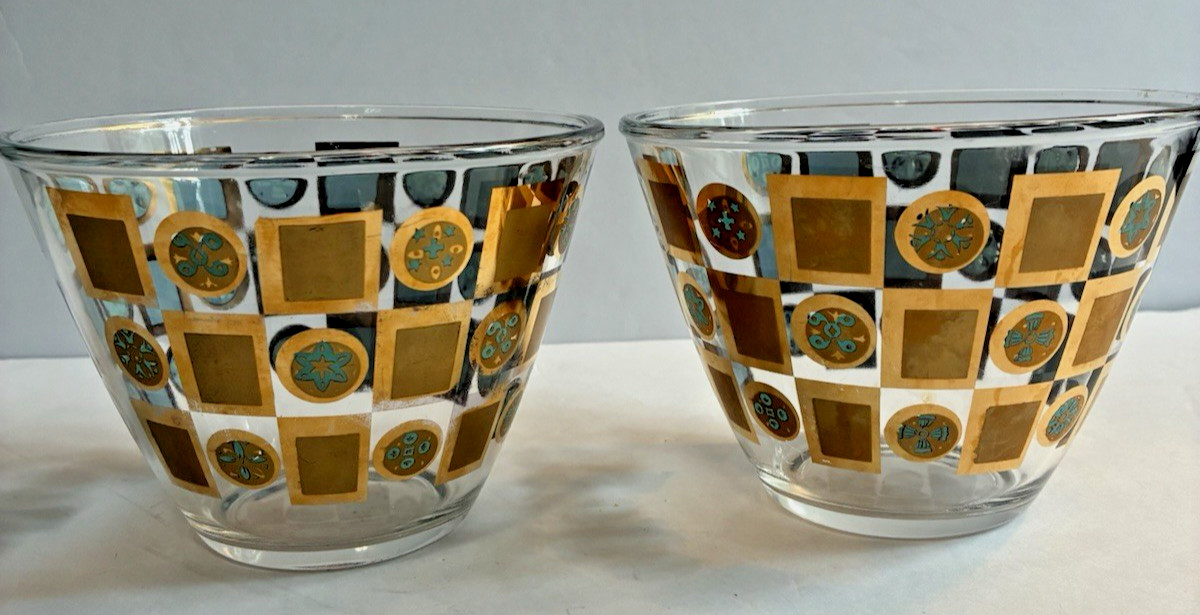 Set of 2 MCM Retro Ice / Dip / Snack Glass Bowls Gold & Turquoise Barware 5.5 Set of 2 MCM Retro Ice / Dip / Snack Glass Bowls Gold & Turquoise Barware 5.5