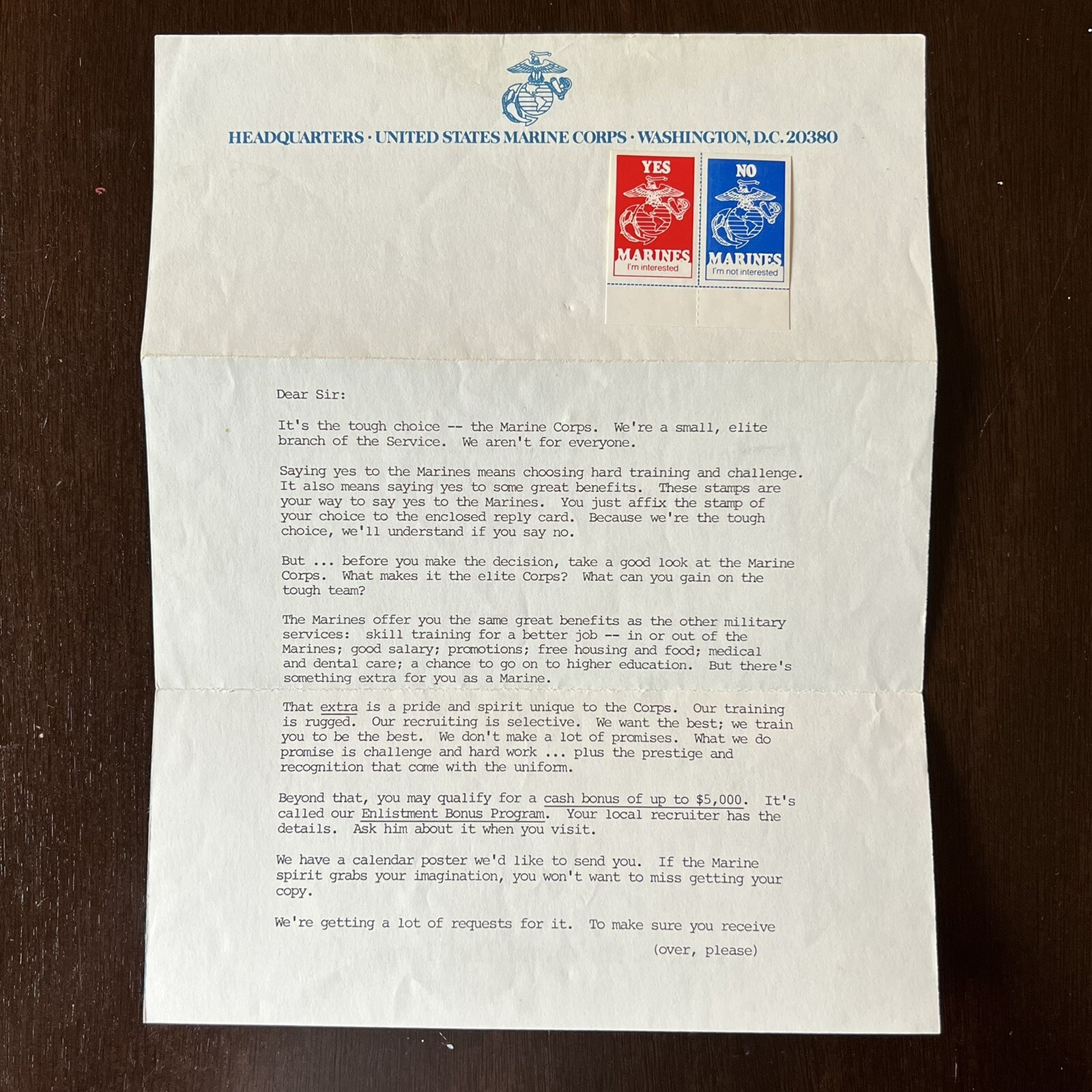 US MARINE CORPS LETTER WITH YES NO STAMPS FROM MAJOR DAVE TURNER