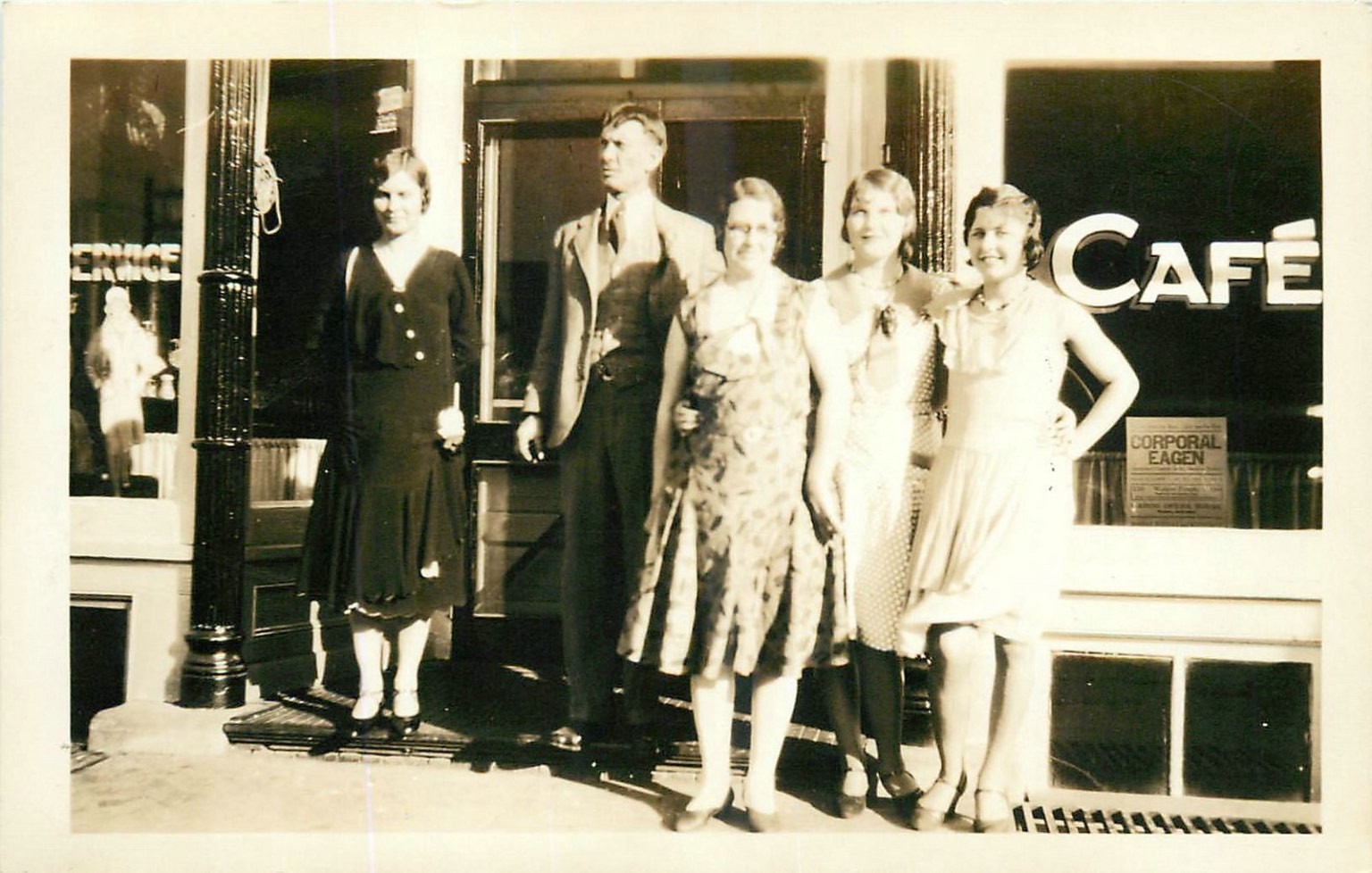 1920s RPPC Cafe Group Portrait Corporal Eagan Poster Vintage Photo Postcard 1920s RPPC Cafe Group Portrait Corporal Eagan Poster Vintage Photo Postcard