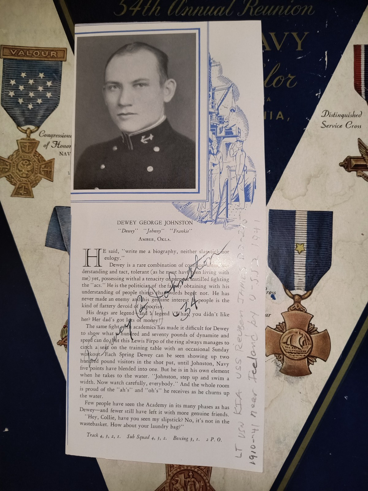 DEWEY G. JOHNSTON KIA USS REUBEN JAMES DD-245 Signed USNA 1934 Yearbook Photo