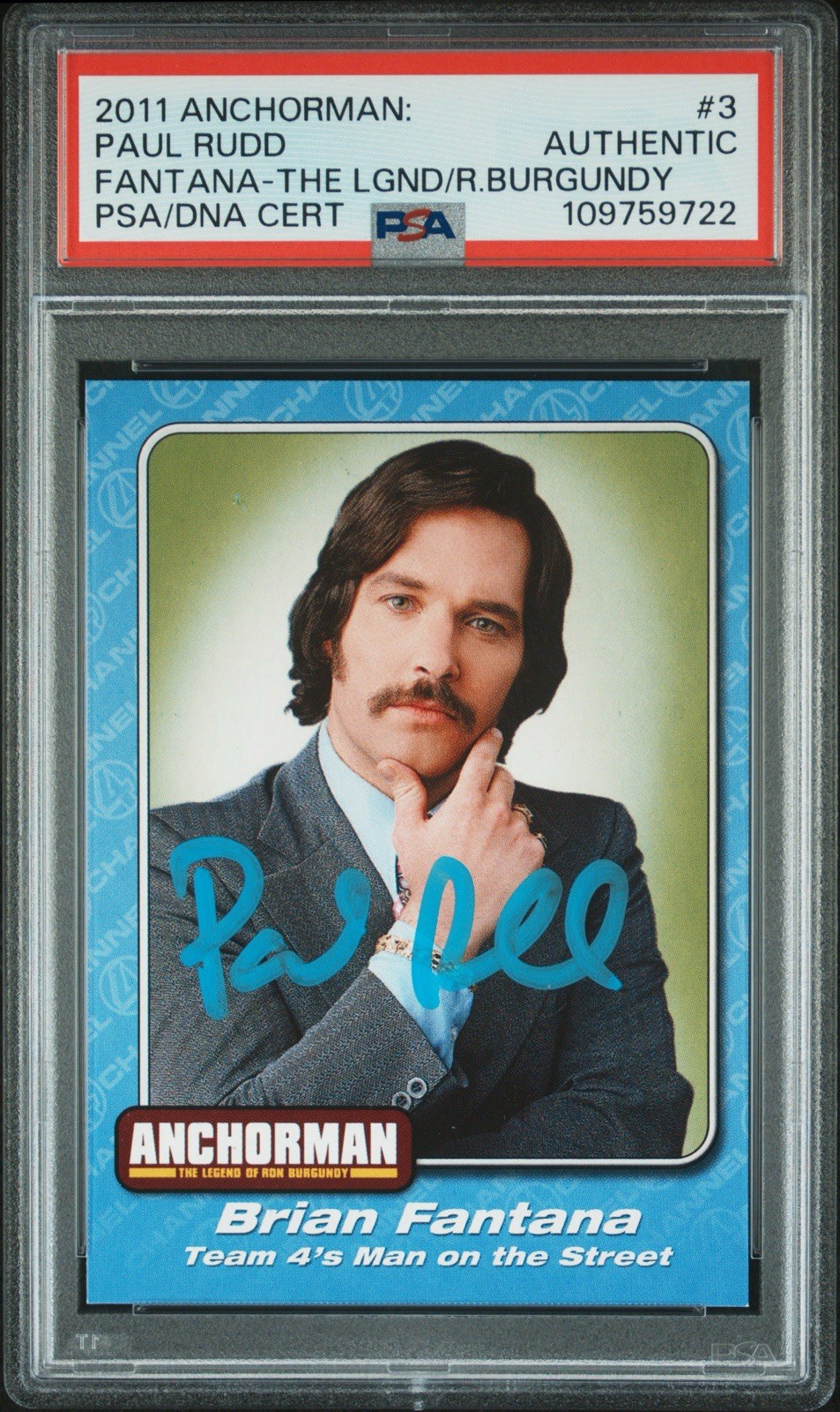 Paul Rudd 2011 Dreamworks Anchorman Ron Burgundy #3 Brian Fantana Autograph PSA