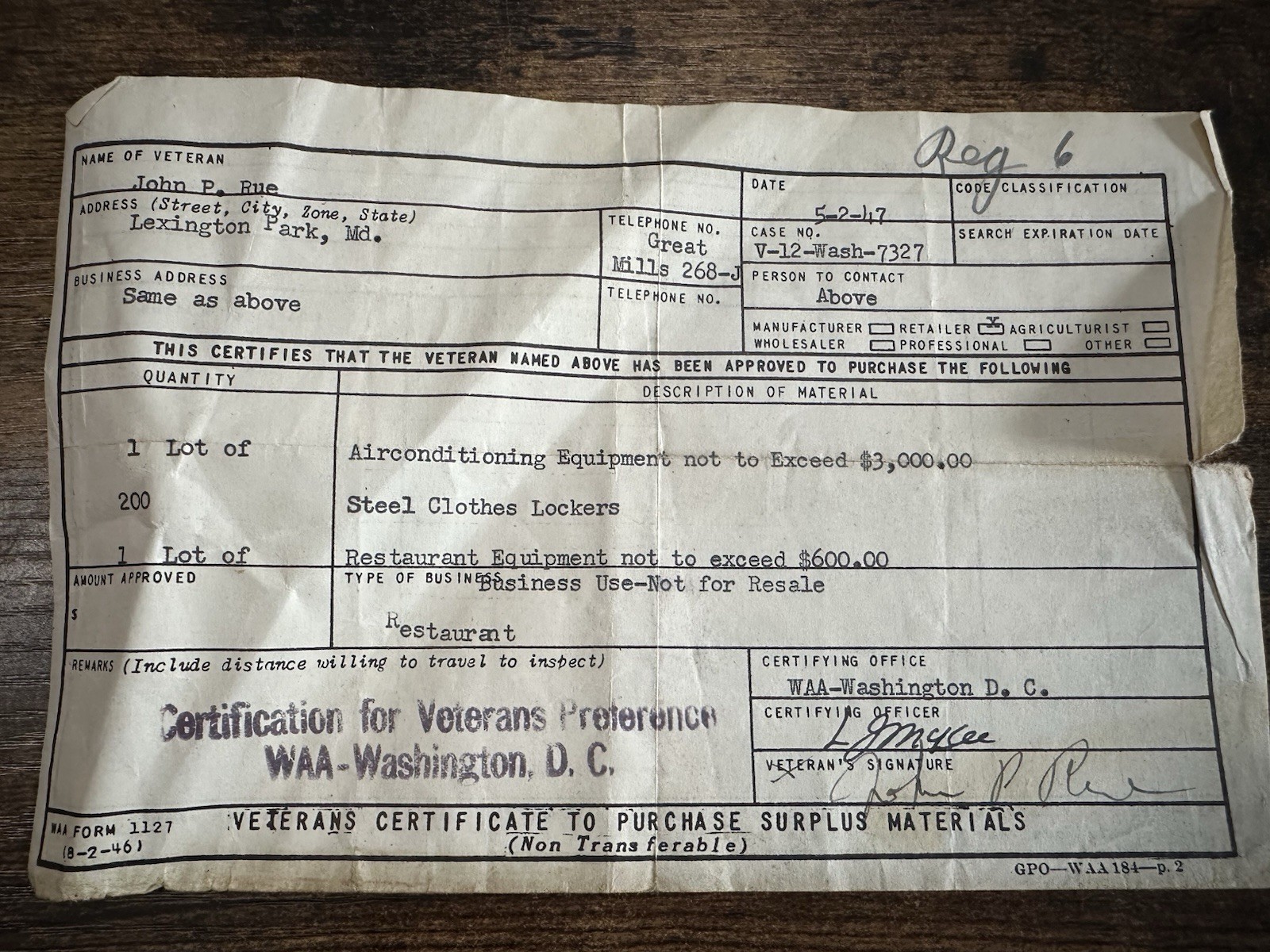 1947 Veterans Certificate to Purchase Surplus Materials WAA Document