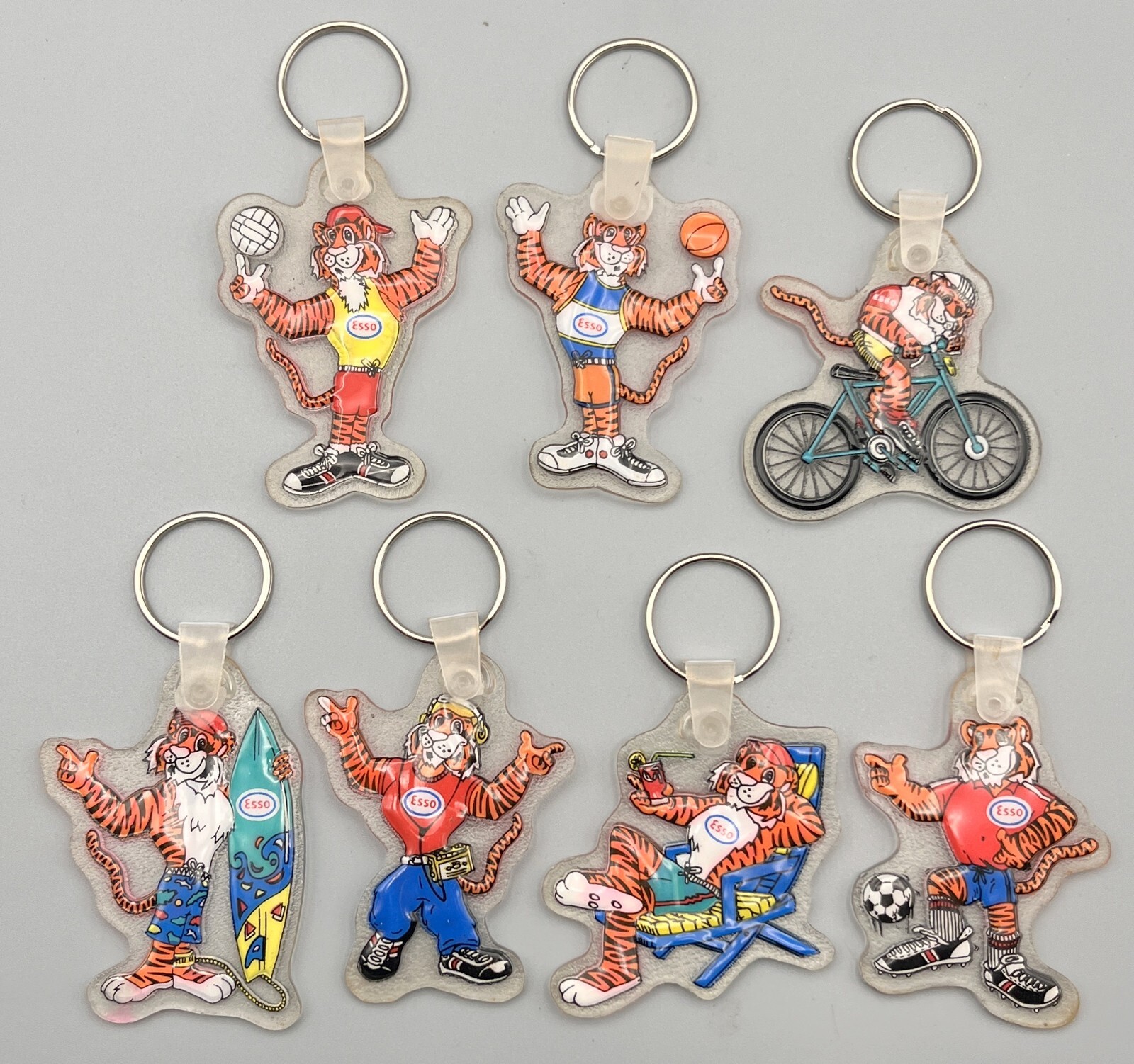ESSO OIL & GAS PROMO TIGER KEYCHAIN KEYRING LOT of 7 - VINTAGE 1980's 2.5