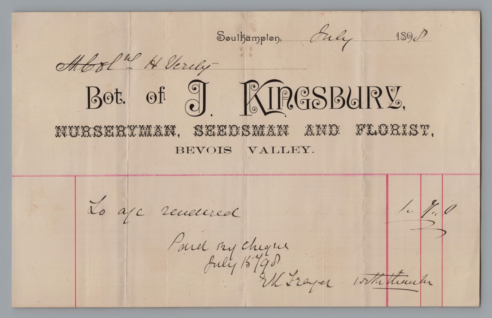 1889 Billhead J. KINGSBURY Nursueryman, Florist, Bevois Valley Southampton, UK 1889 Billhead J. KINGSBURY Nursueryman, Florist, Bevois Valley Southampton, UK