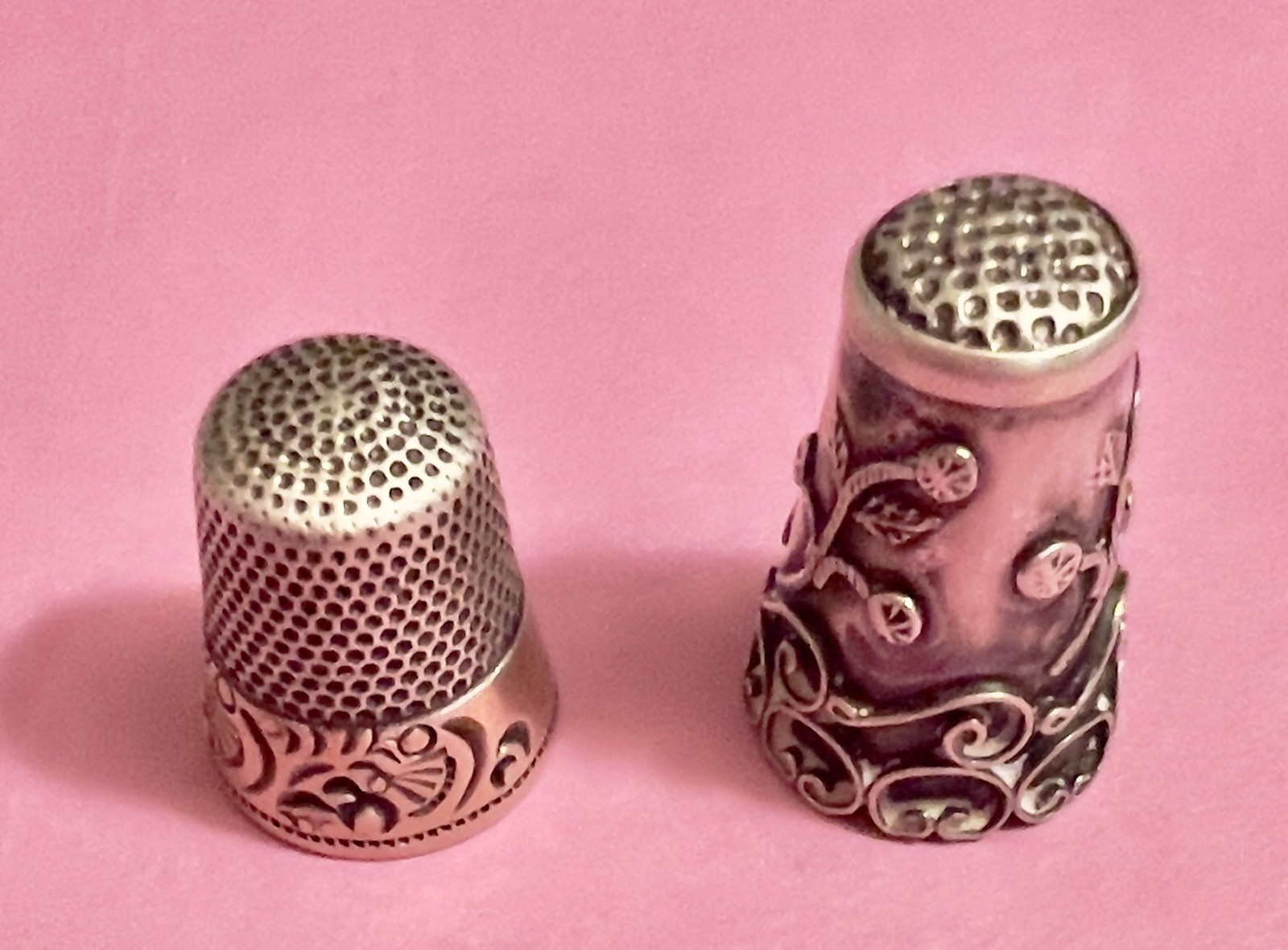 Antique Sterling Silver Thimbles Lot of 2 Size 6 Ornate Floral Engraved