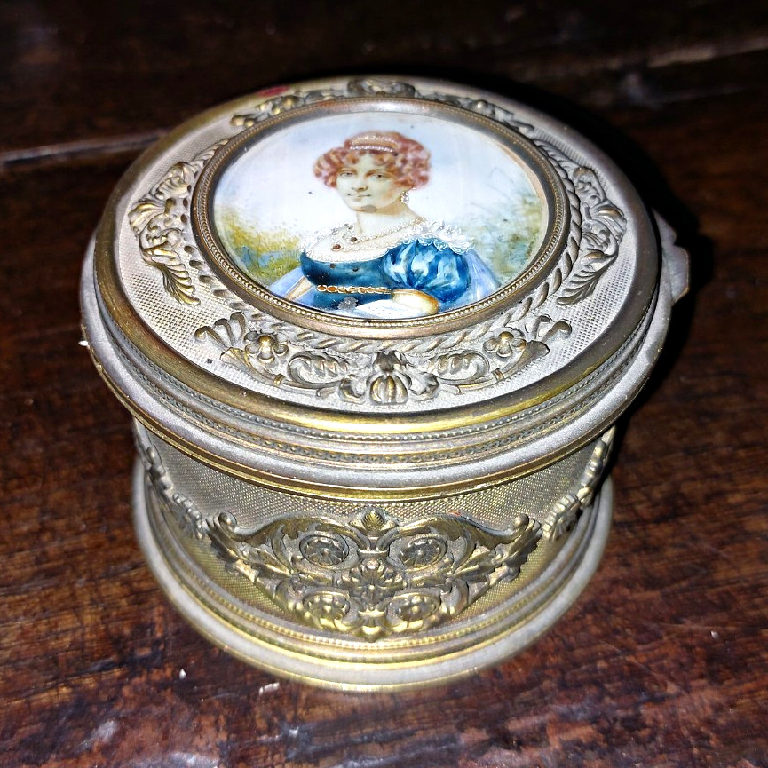 antique French empire era ormolu make up box with hand painted miniature on lid