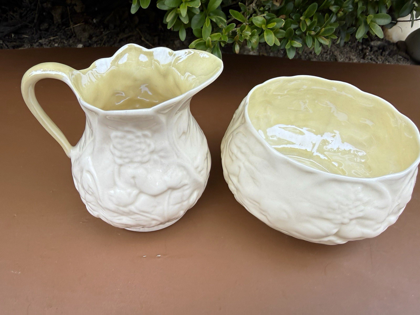 Vintage Belleek Creamer & Sugar Bowl Set 2pc Ceramic Floral Embossed 