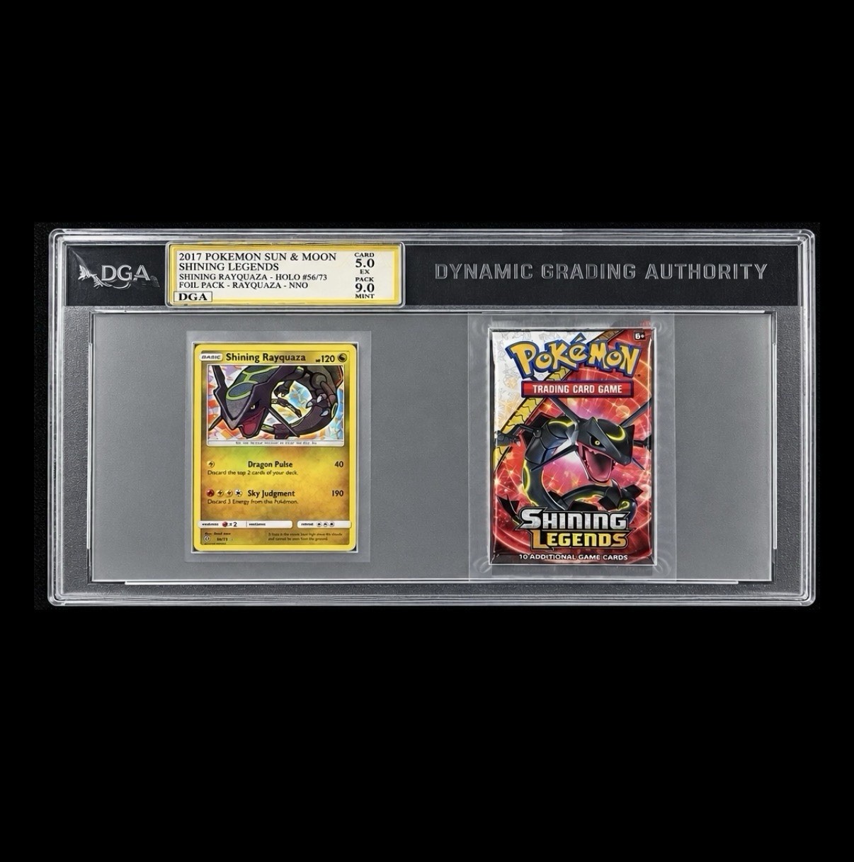 Pokemon 2017 Shining Rayquaza 56 & Booster Pack Shining Legends Dual Graded Slab