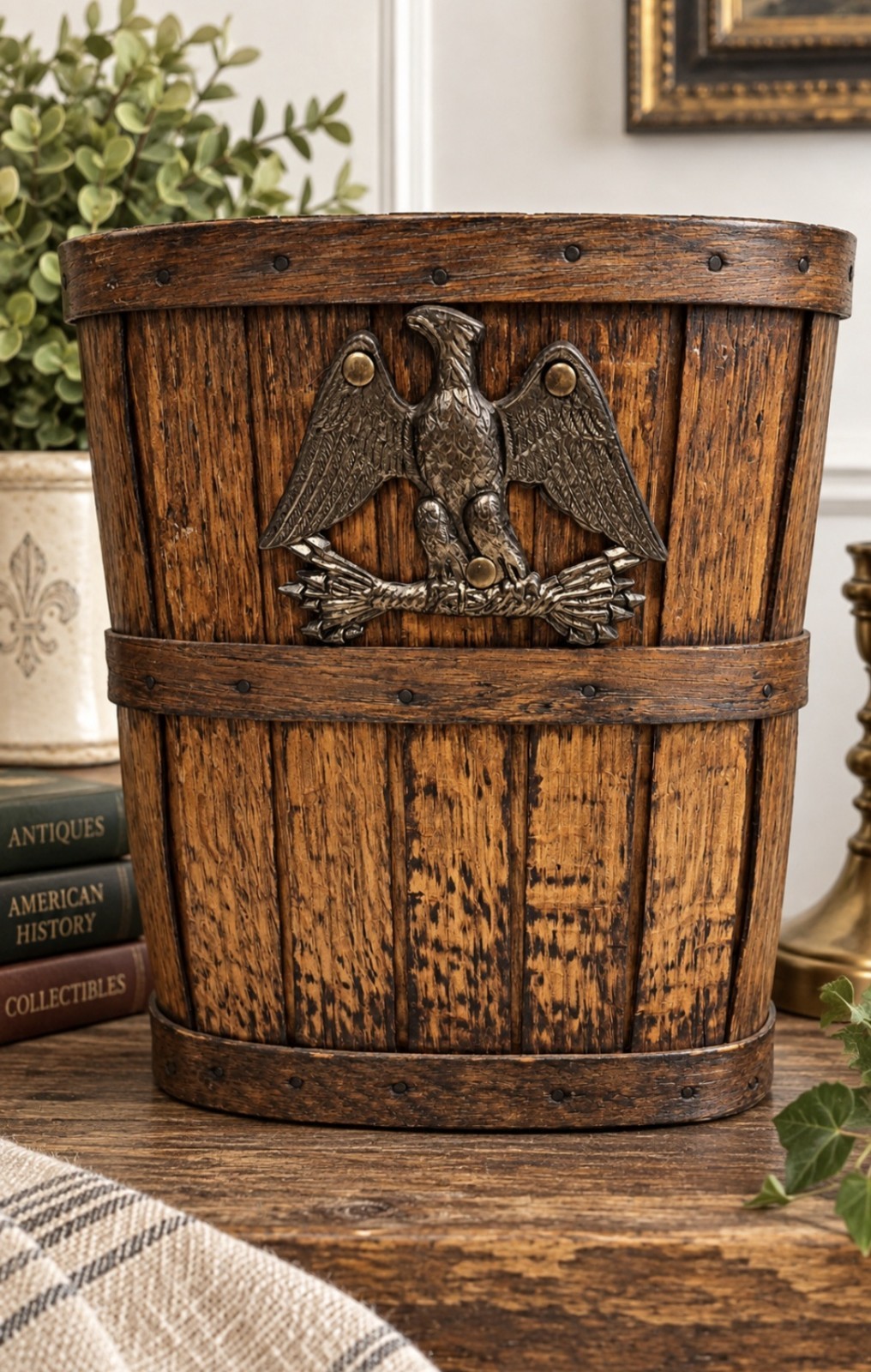 Vintage Wood Wastebasket Eagle Rustic Americana Slat Oak Basket Farmhouse Decor Vintage Wood Wastebasket Eagle Rustic Americana Slat Oak Basket Farmhouse Decor