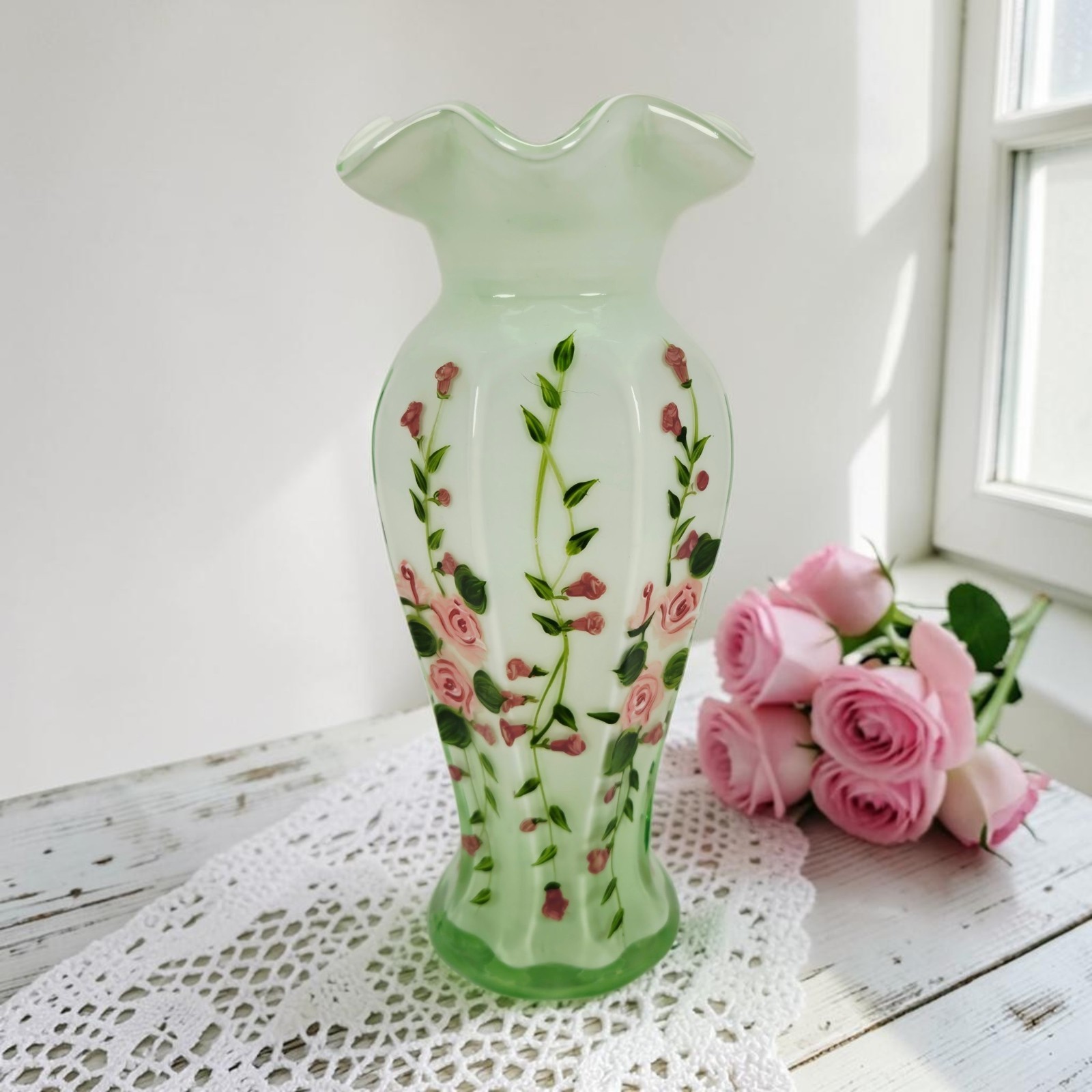 Handpainted Pink Cottage Roses Green & White Cased Glass Flower Vase Ruffled 8 Handpainted Pink Cottage Roses Green & White Cased Glass Flower Vase Ruffled 8