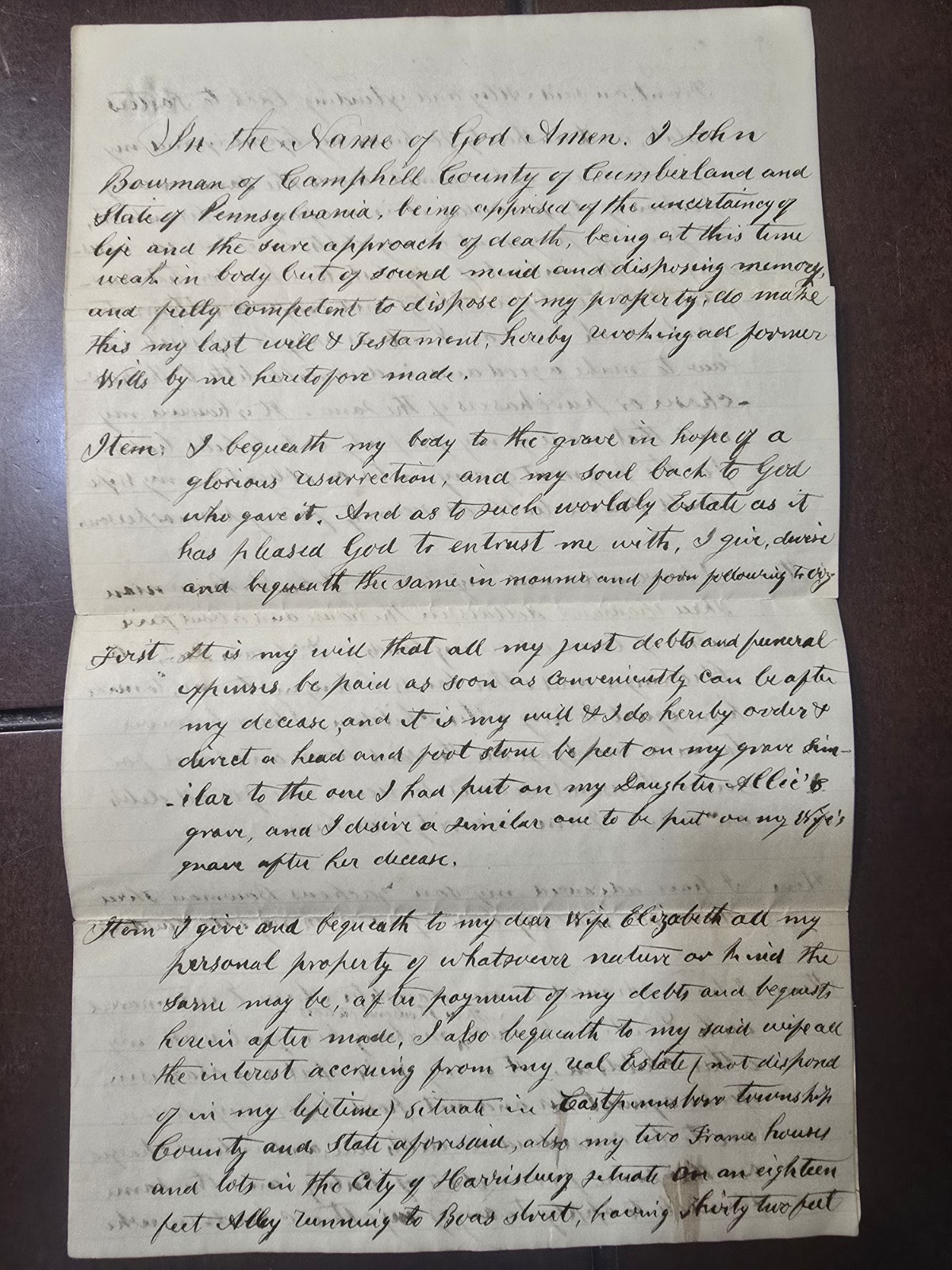 Original Last Will And Testament For John Bowman Ephrata Cloister VERY RARE Original Last Will And Testament For John Bowman Ephrata Cloister VERY RARE