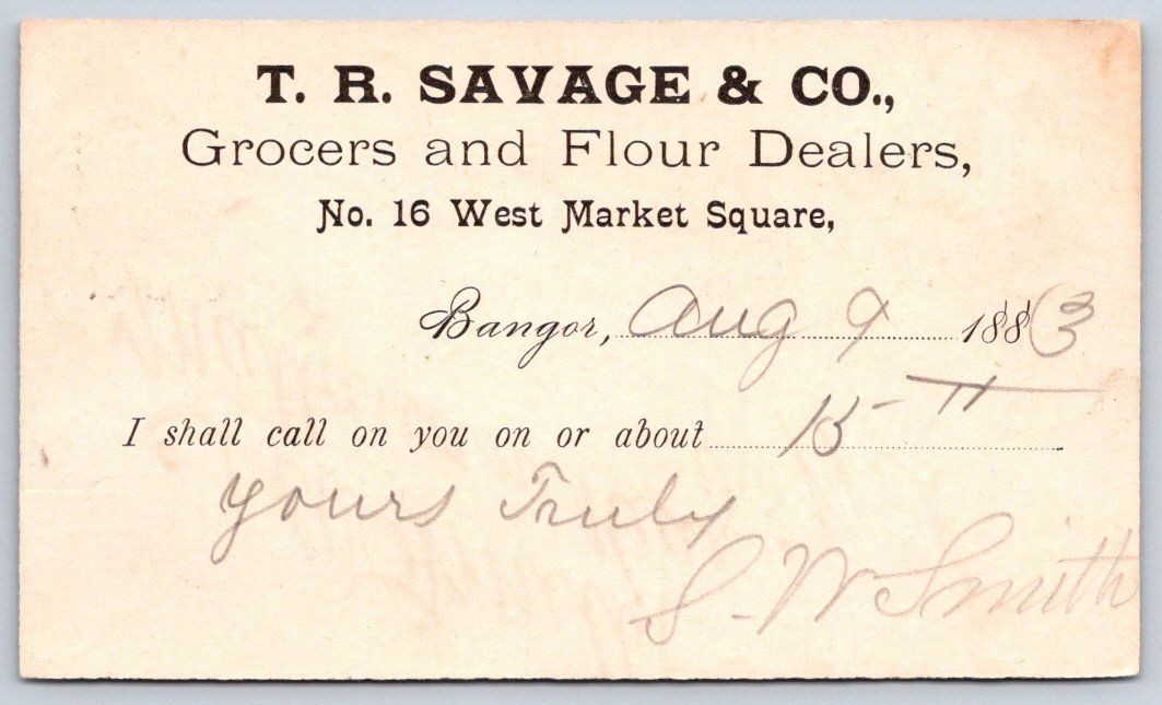 Antique Maine Postal Card BANGOR TR Savage Grocers Flour 1883