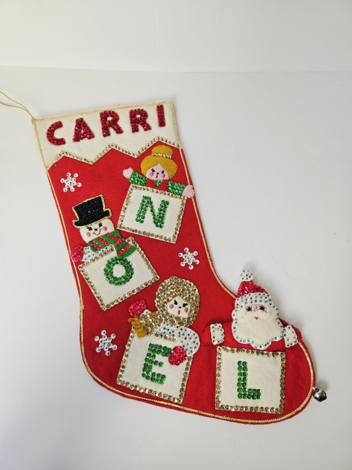 Vintage felt Christmas stocking Santa Claus sequin rhinestone NOEL