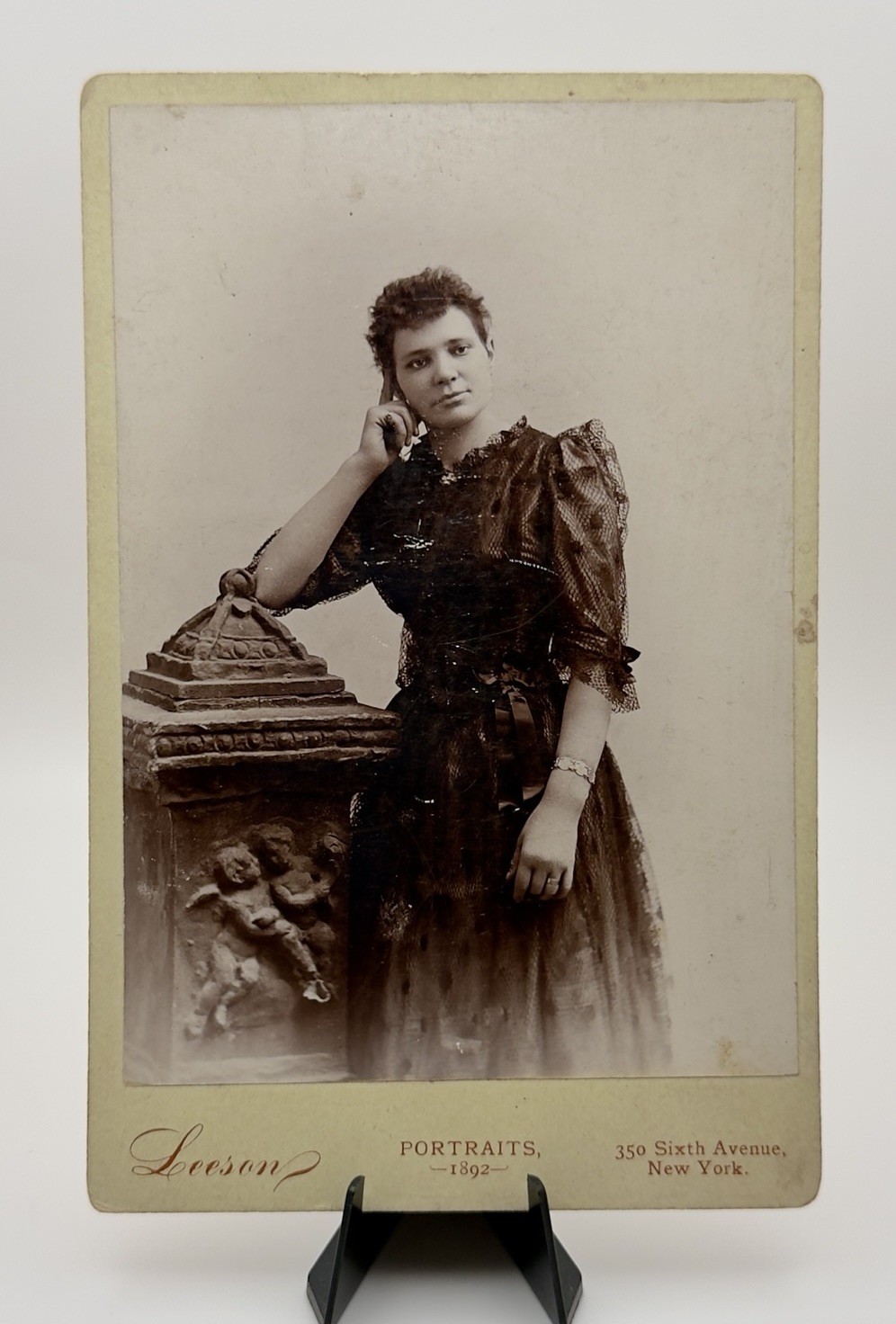 1892 Victorian Cabinet Card Photo Sheer Lace Evening Gown NY Leeson Photo Studio 1892 Victorian Cabinet Card Photo Sheer Lace Evening Gown NY Leeson Photo Studio