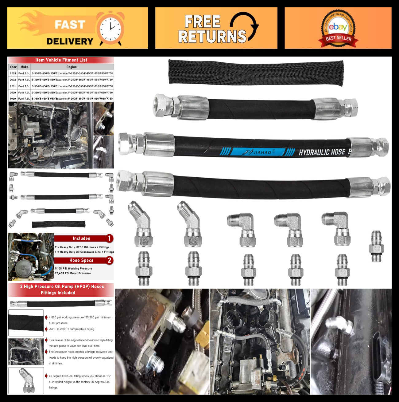 High Pressure Oil Pump Hose Kit & Crossover Fittings for 1999-2003 Ford 7.3L Die