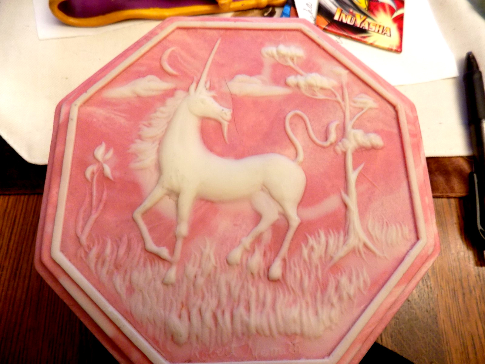 Vintage Incolay Stone Design Pegasus Unicorn Pink Jewelry Trinket Box Octagonal Vintage Incolay Stone Design Pegasus Unicorn Pink Jewelry Trinket Box Octagonal