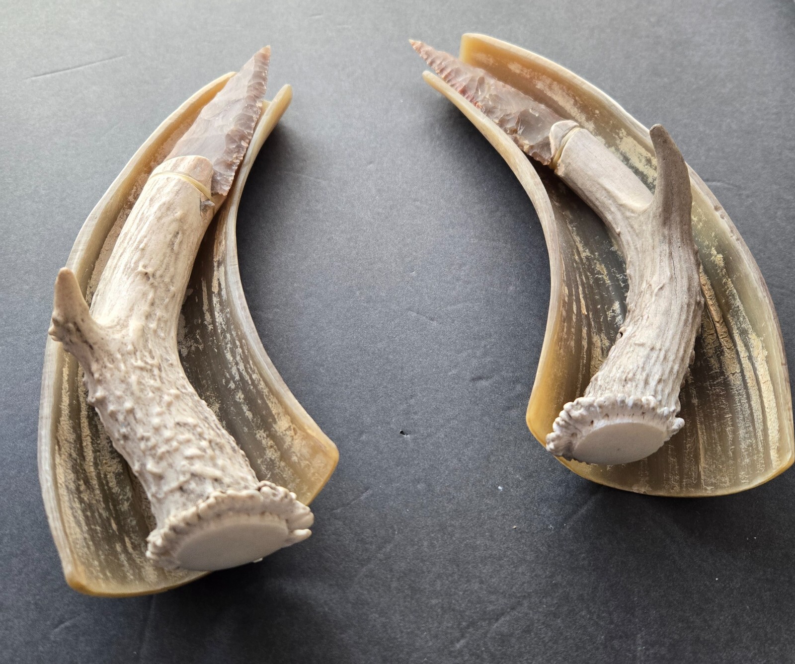 Pair of Handmade Agate Blade Knives in Cow Horn Cradles