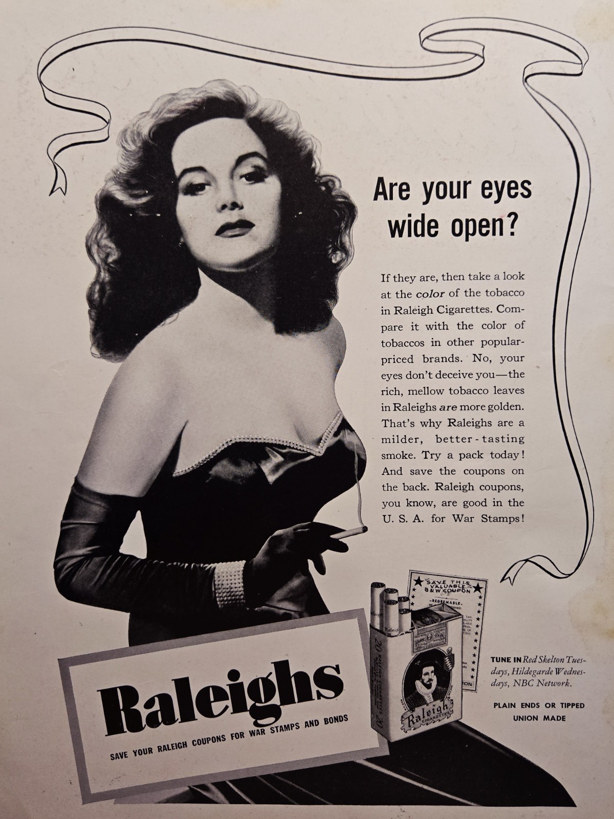 1943 Raleigh Cigarettes Print Ad - Pretty Glamorous Lady Coupons Buy War Bonds