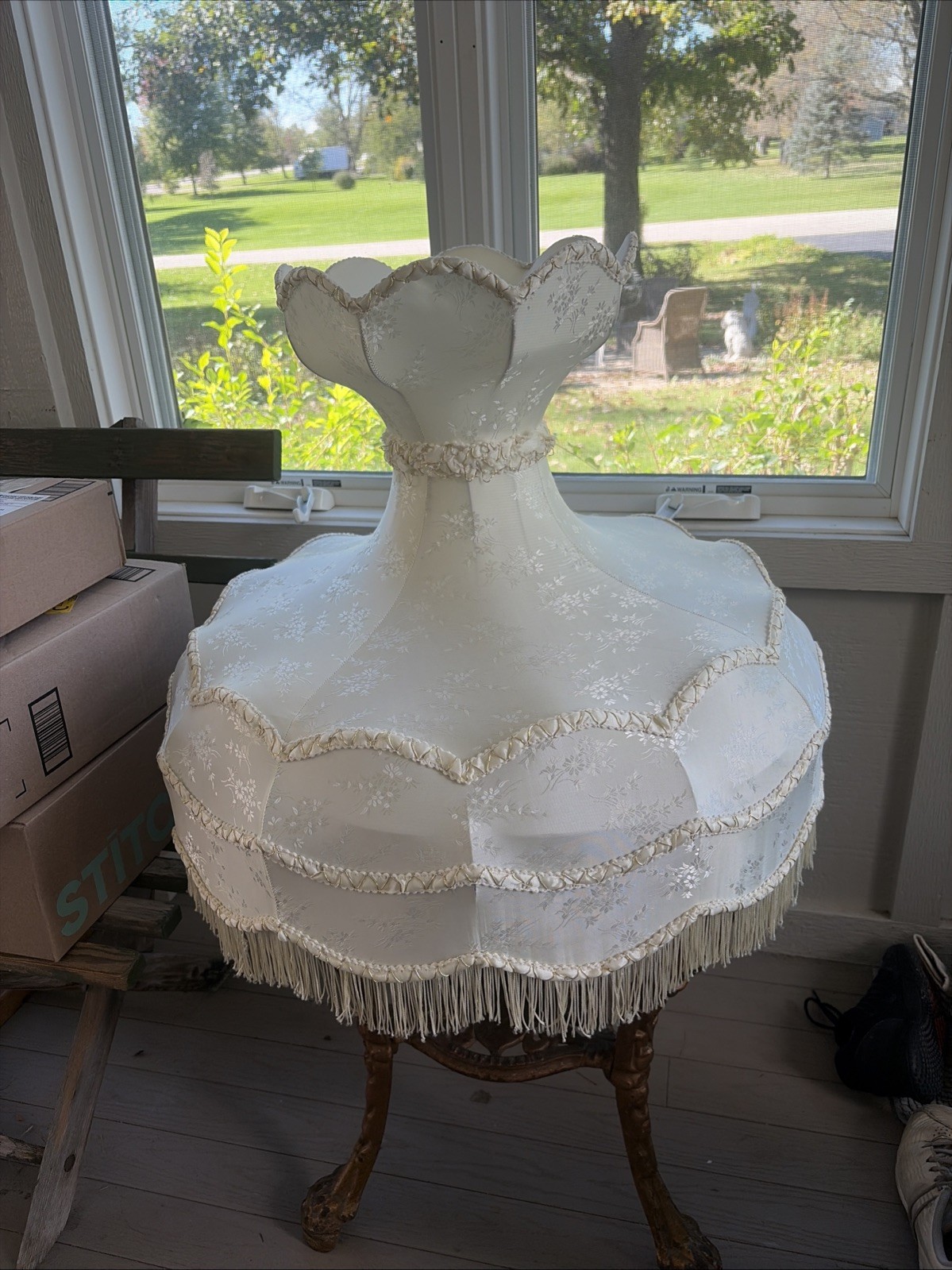 Large Antique Victorian Parlor Lamp Shade Gold Brocade Floral Fringe Metal Frame