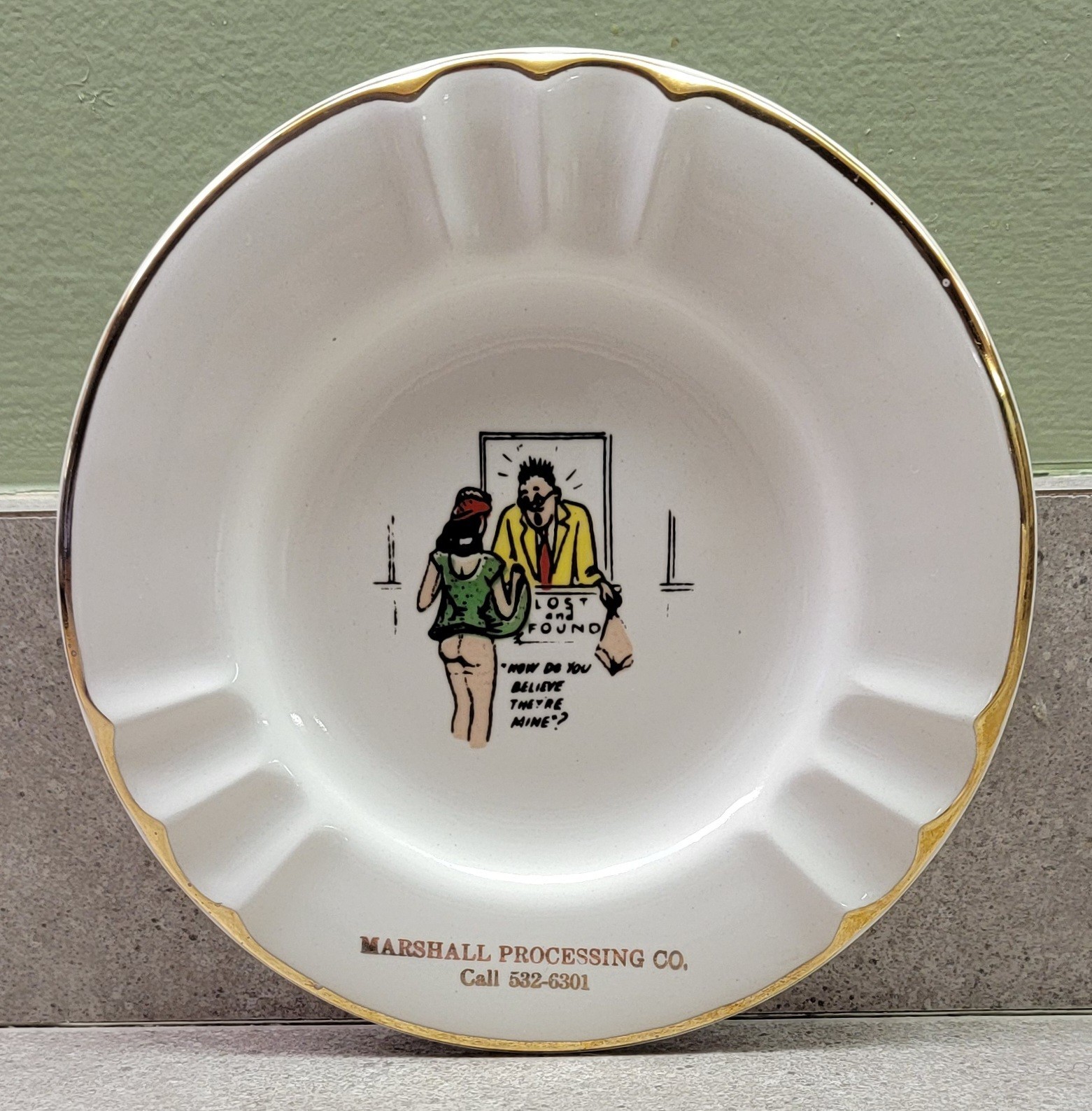 Vintage THE SABINA LINE Cartoon MARSHALL PROCESSING Lost & Found ASHTRAY