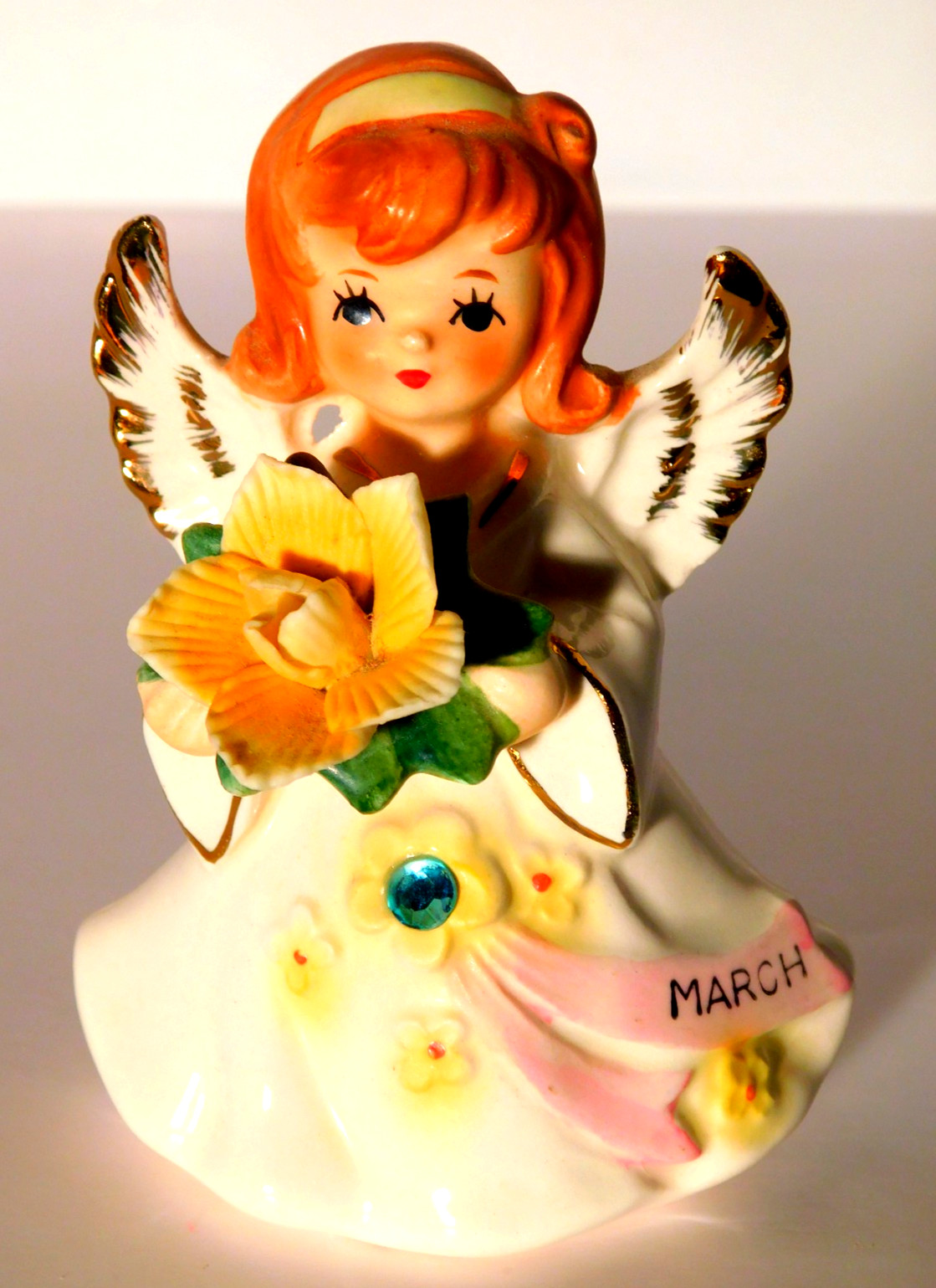 Vtg. Lefton March Birthday Girl Angel Daffodil Figurine #6224 4 1/4\