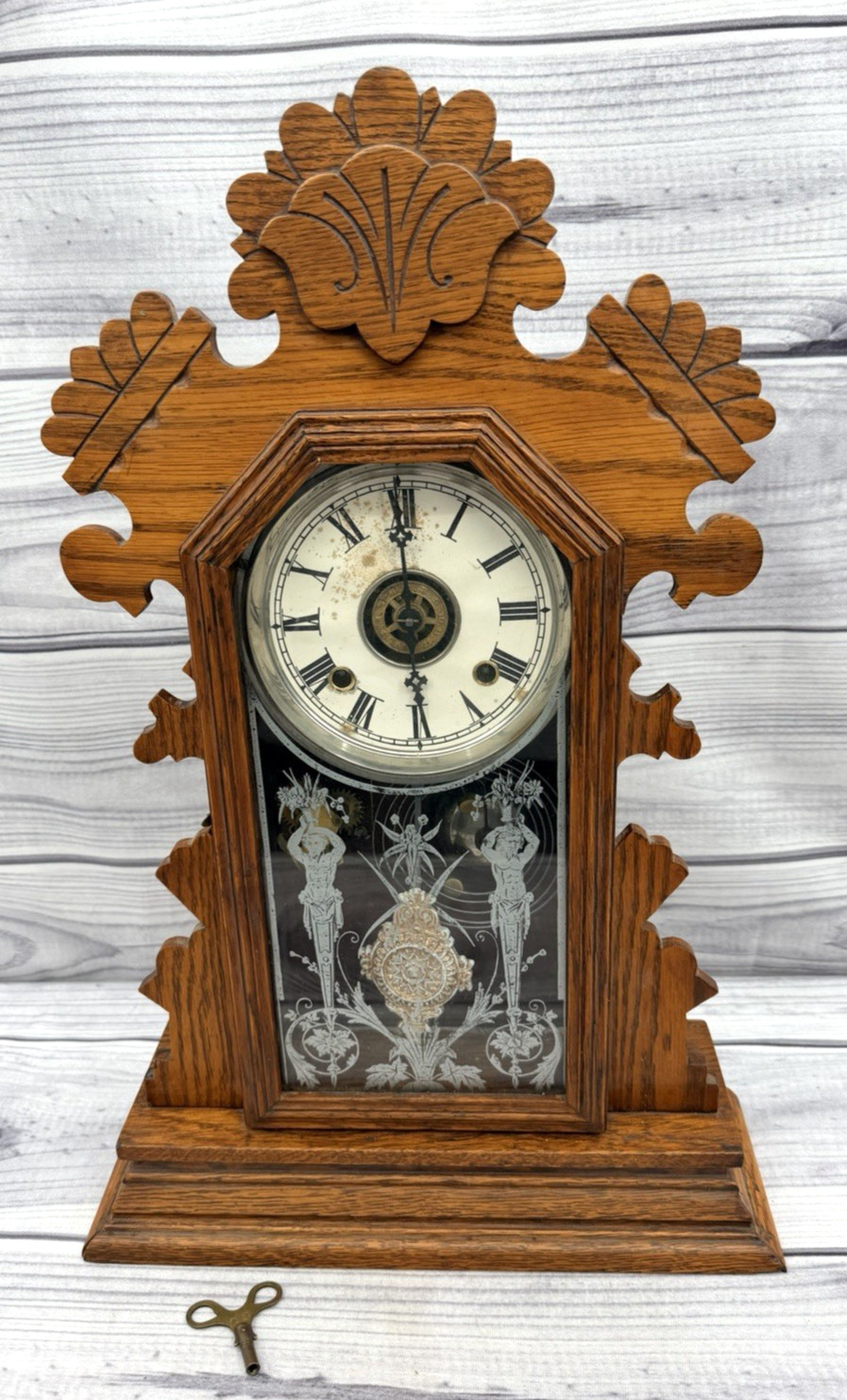 ANTIQUE OAK MANTLE CLOCK - UNMARKED - ORNATE CASE AND GLASS PANEL