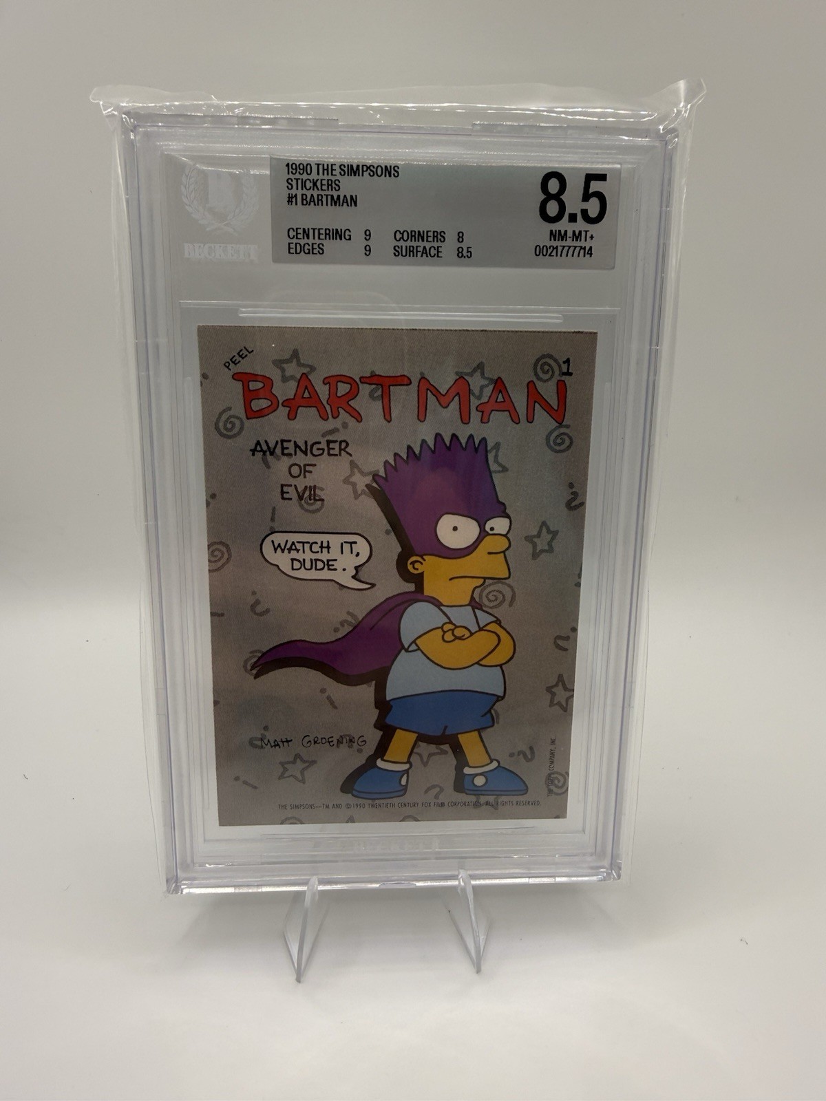 BARTMAN AVENGER OF EVIL 1990 TOPPS SIMPSONS 1ST ROOKIE STICKER #1 BGS 8.5