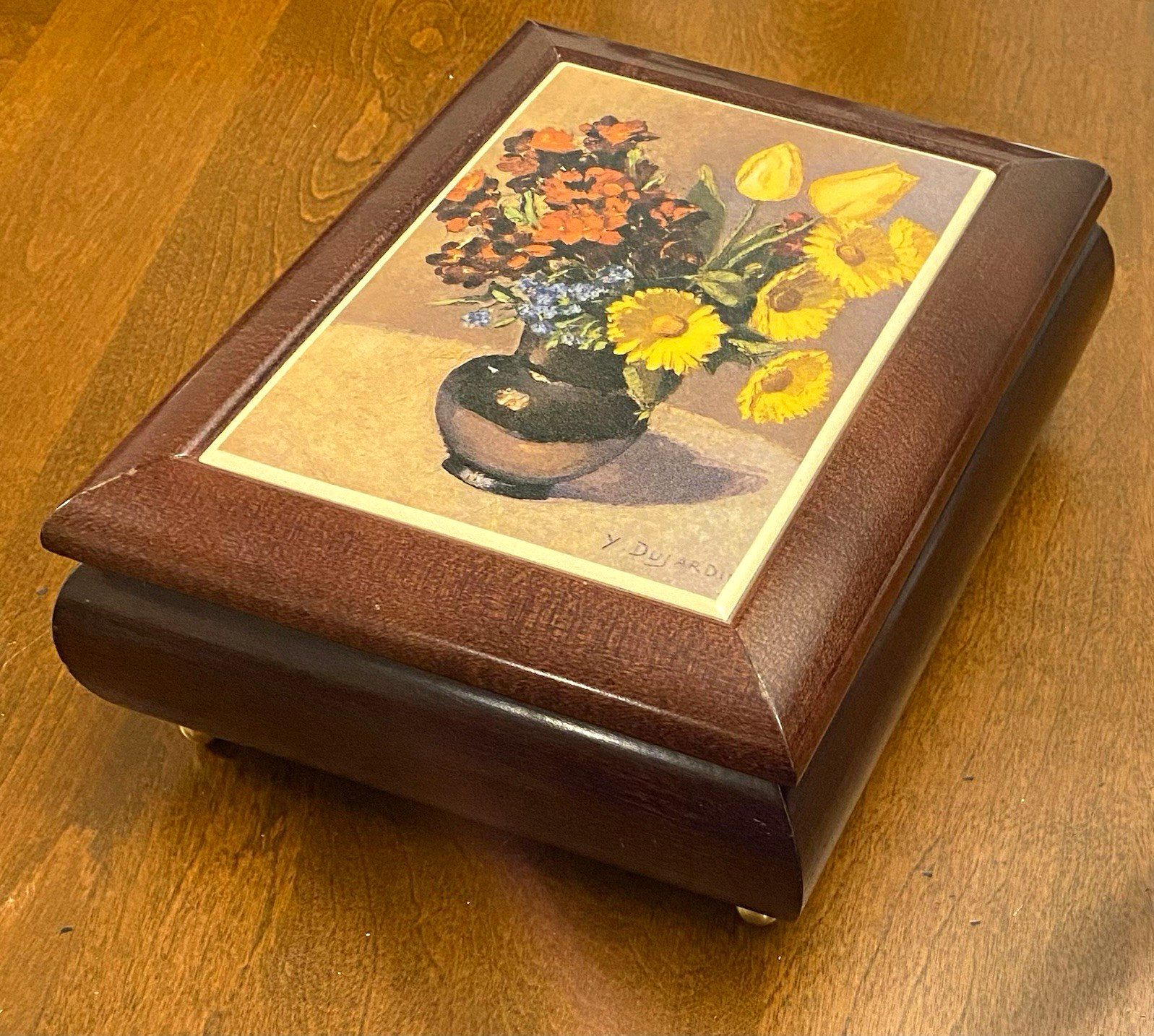 Vintage Wood Jewelry wind-up Music Box w/ Floral artist: Y. Dujardin velvet int. Vintage Wood Jewelry wind-up Music Box w/ Floral artist: Y. Dujardin velvet int.