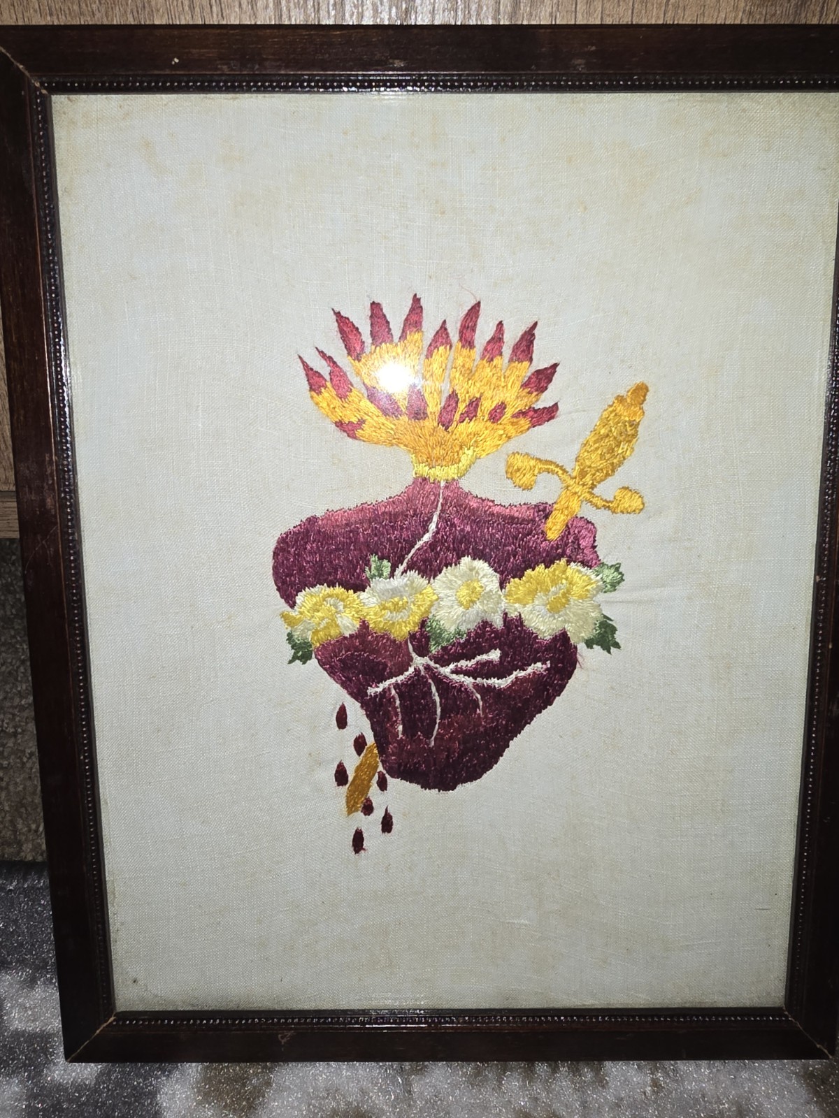 ANTIQUE Rectangle FRAMED EMBROIDERED BURNING SACRED HEART 8 X 10