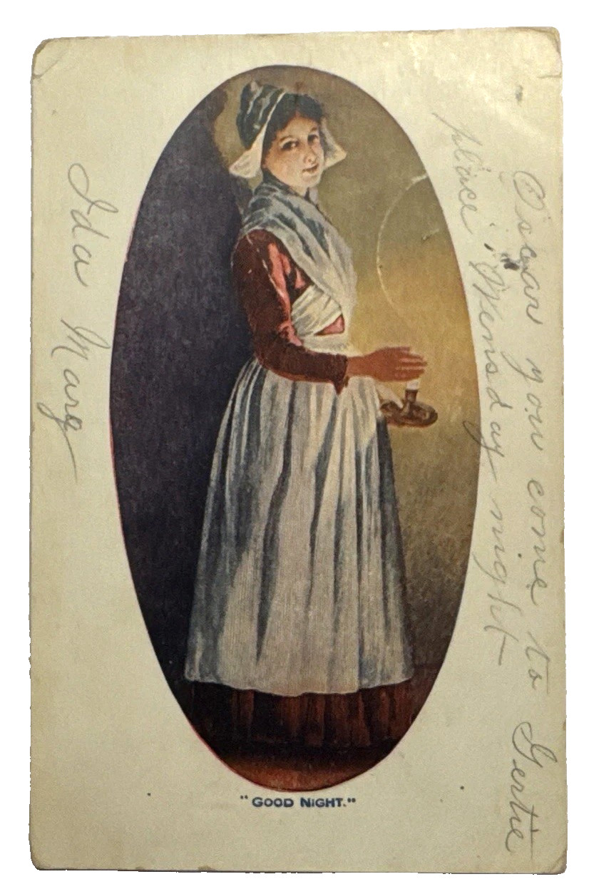 Antique Postcard Dutch Edwardian Woman Candle Good Night 1907 Antique Postcard Dutch Edwardian Woman Candle Good Night 1907