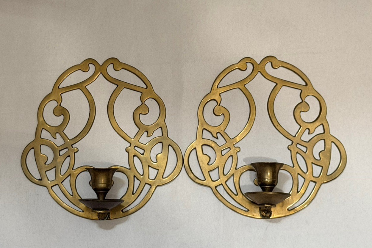 Vintage Pair Brass Wall Candle Sconces Ornate Openwork Scroll design 7 Inch