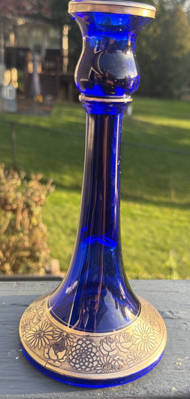 9 1/4” Vintage Cobalt Blue Candle Holder Ornate Gold Floral Trim