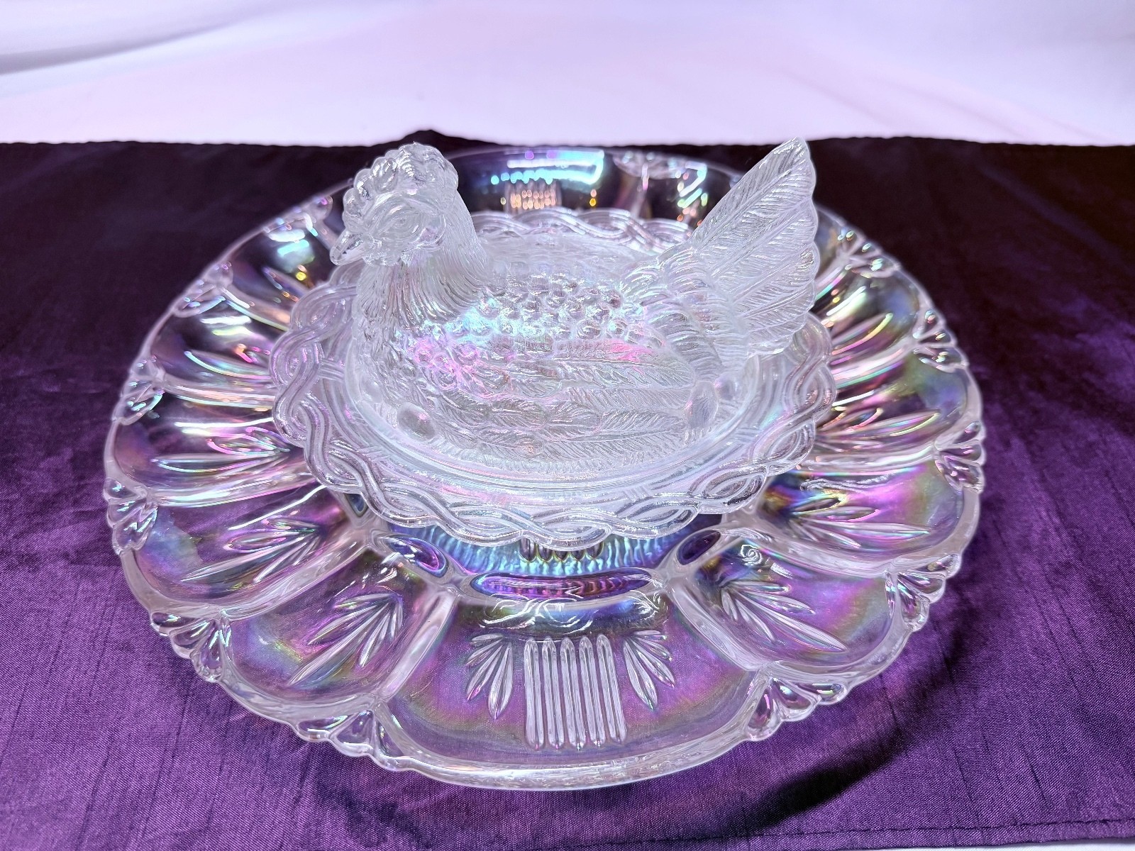 Mosser Glass Iridescent Hen on Nest with Federal Borealis Egg Plate Mosser Glass Iridescent Hen on Nest with Federal Borealis Egg Plate