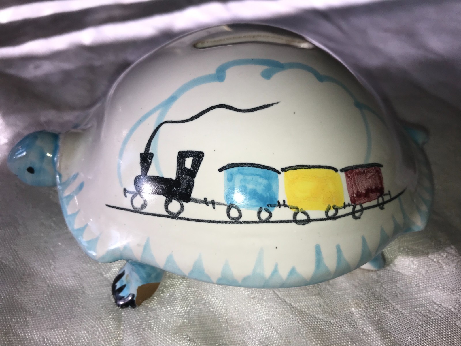 Vintage ITALY Art Pottery TURTLE Tortoise COIN BANK House TRAIN Hand Painted 6½\