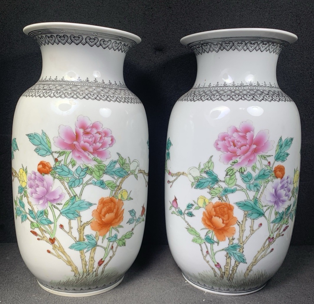Chinese Porcelain Mirror Image Vase Pair, Red Mark, Writing On Side, Beautiful