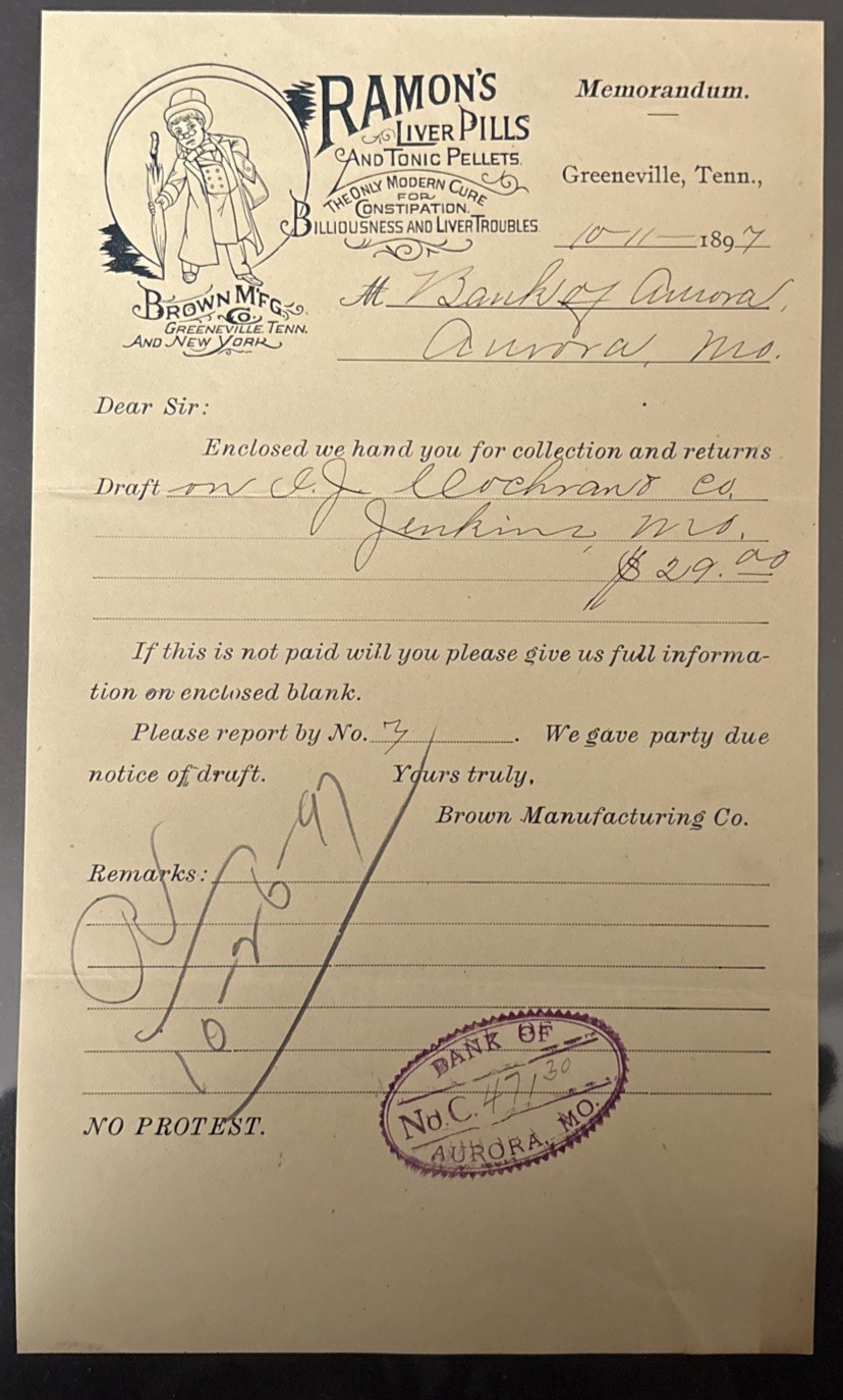 1897 Ramon’s Liver Pills Billhead, Greeneville Tennessee Bank Medicine Ephemera
