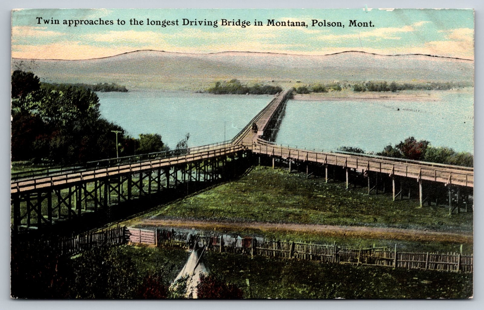 Vintage Postcard Polson MT Longest Driving Bridge Real Photo