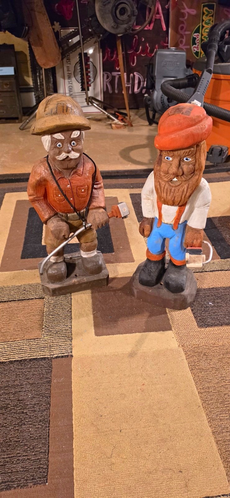 Stihl Chainsaw Hand Painted Carved Wood Men Figurines Set of 2, Multicolor, 22\