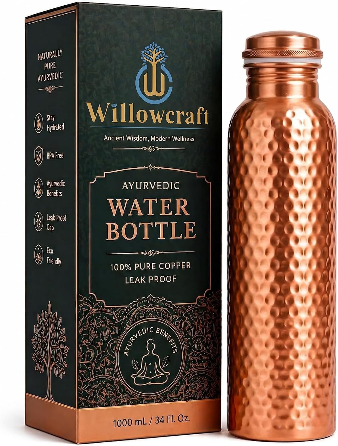 Copper Water Bottle (34Oz/1000Ml) 100% Pure Handmade Hammered Ayurvedic Pure Cop
